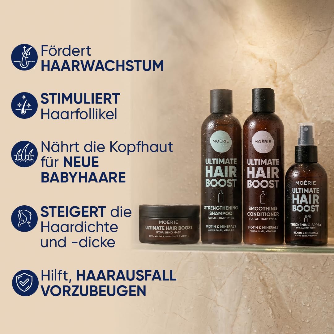 Detalle de Moerie Shampoo Set gegen Haarausfall (Conditioner, Haarwachstums-Serum & Haarmaske, veganes 8er-Set mit 77 Mineralien)