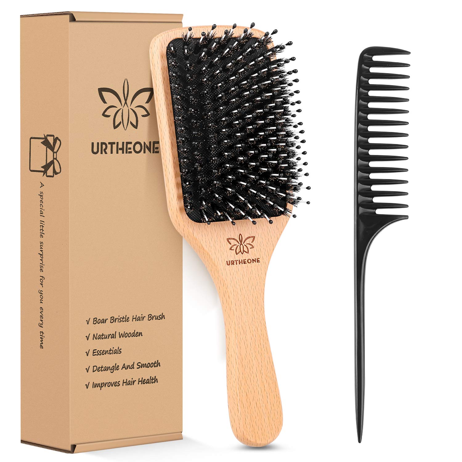 Detalle de URTHEONE Boar Bristle Paddle Hairbrush with Wooden Handle and Nylon Tips