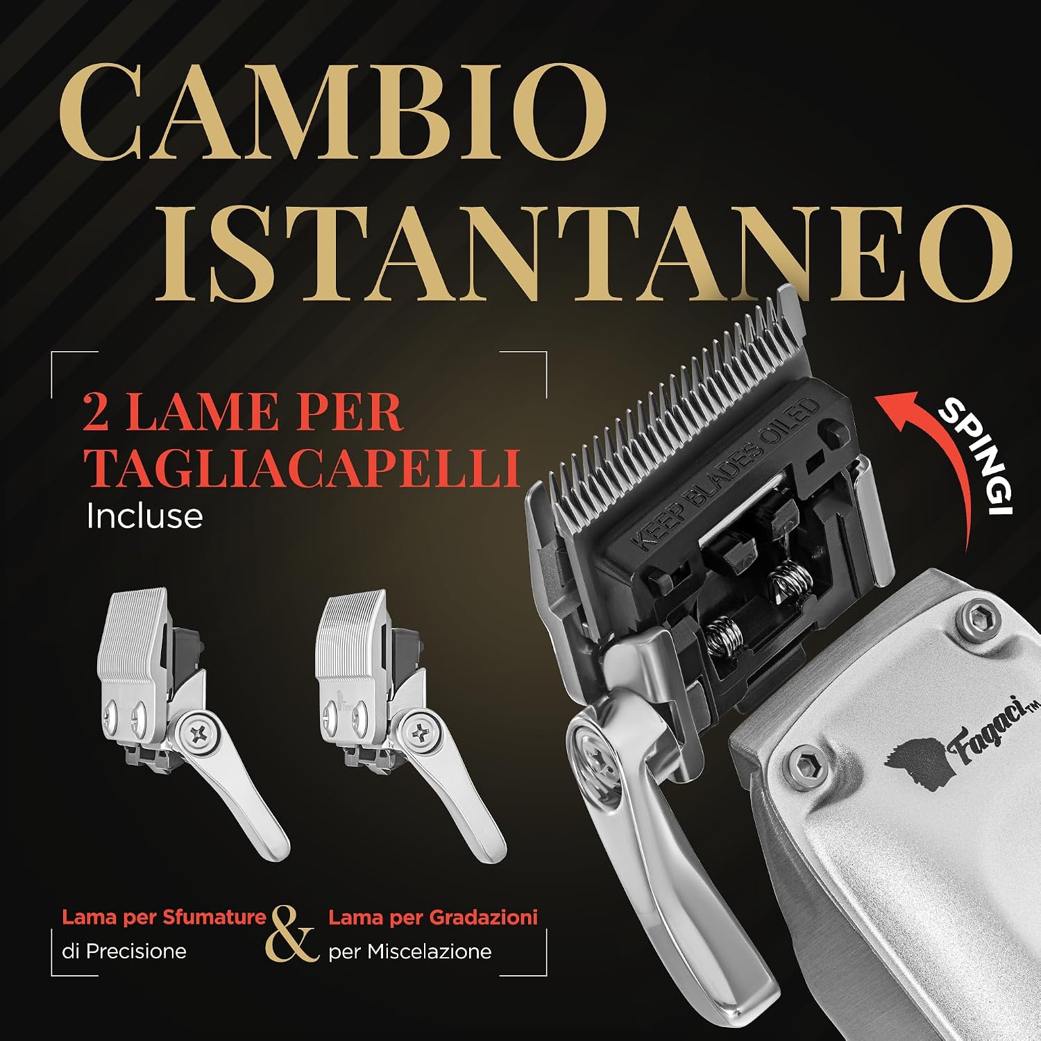 Detalle de Fagaci Tagliacapelli Uomo Professionale con Lame Ceramica/DLC e Motore Brushless – Precisione Superiore