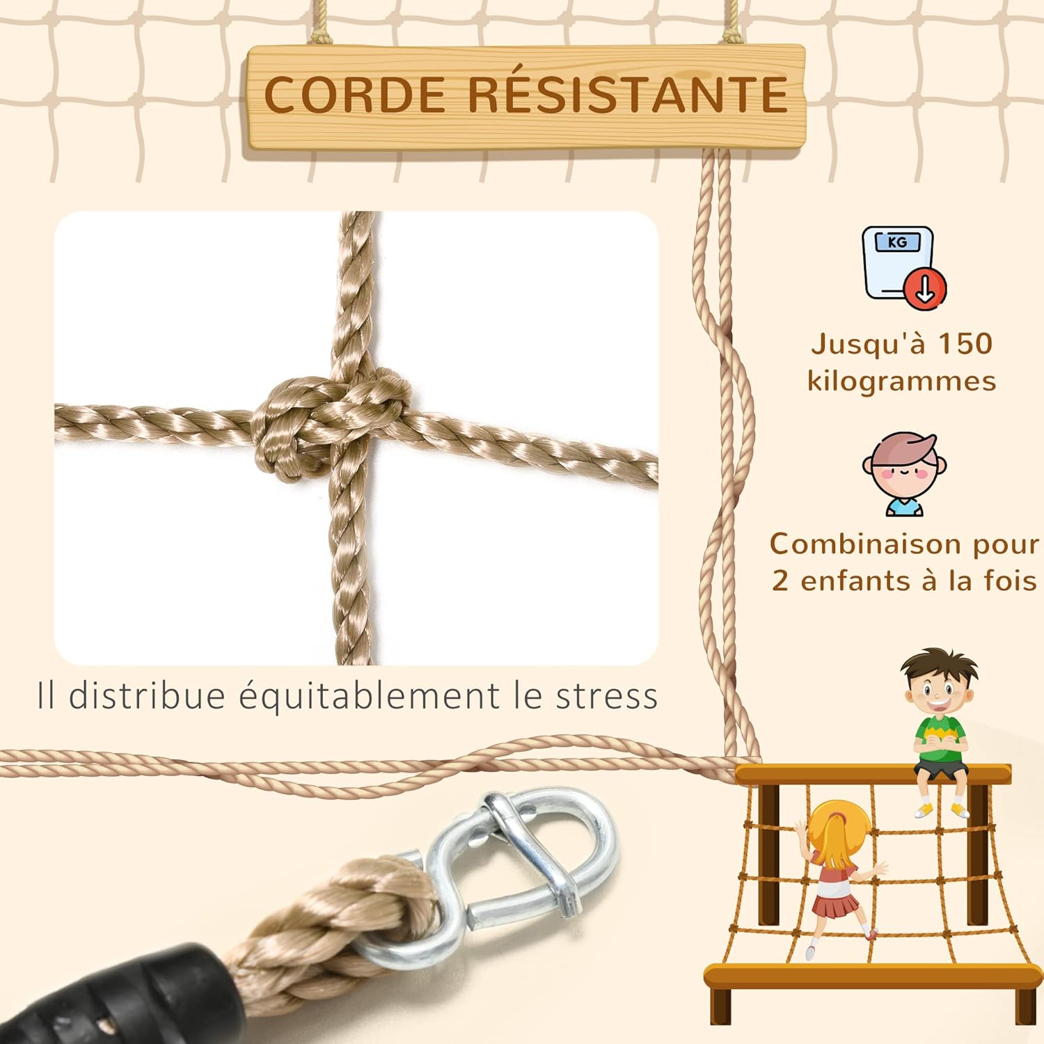 Detalle de Outsunny filet d’escalade pour enfants 3-6 ans, filet décoratif en corde PE (1,5 x 2 m) – marron