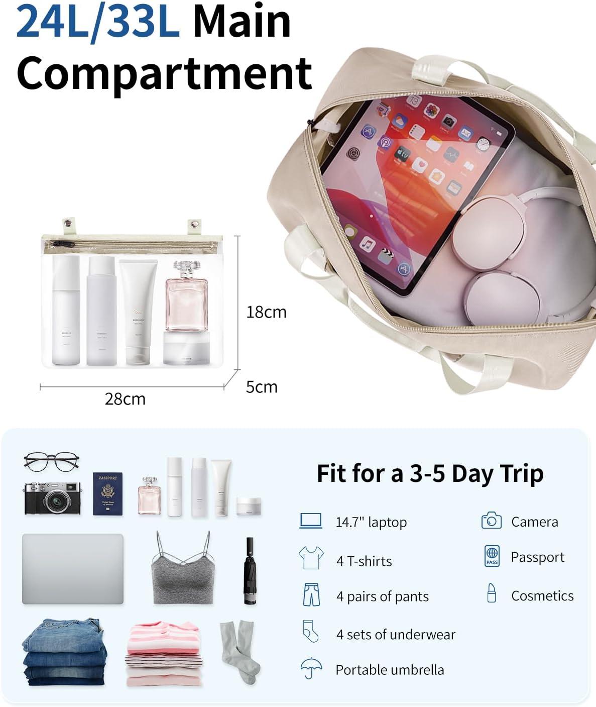 Detalle de ECOHUB expandable underseat cabin bag for Ryanair 40x30x20 cm with removable wet pocket (beige)