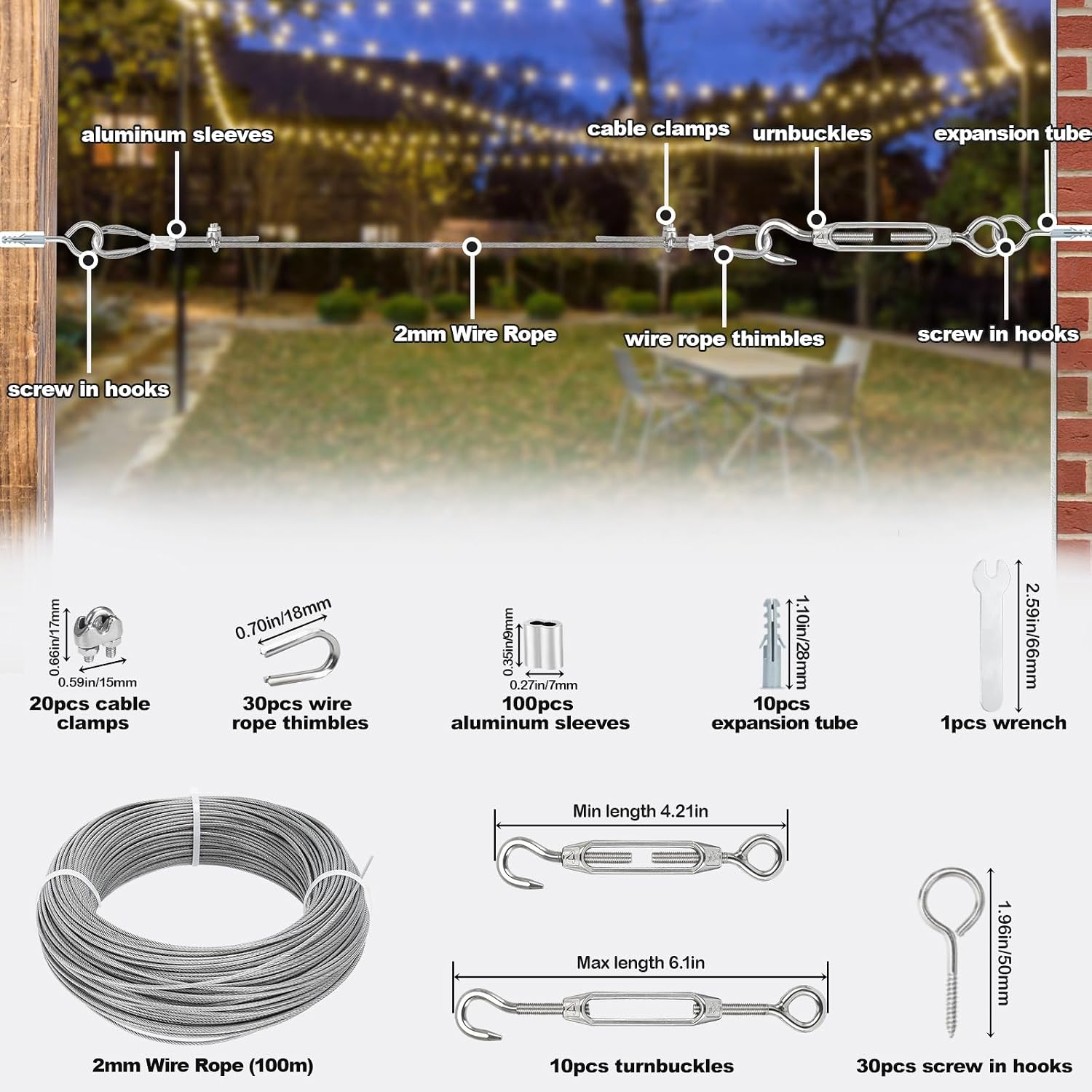 Detalle 2 de TooTaci 2mm Wire Rope Kit (100m) with M4 turnbuckles, rope clamps and vine eyes for outdoor trellis and string lights