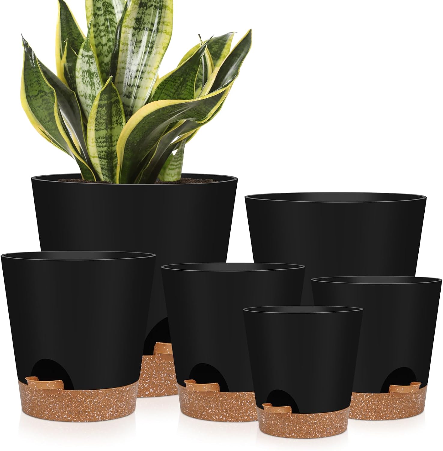 Detalle de YNNICO 6-Piece Self-Watering Planter Set, Black Plastic Pots, 5–8 Inches
