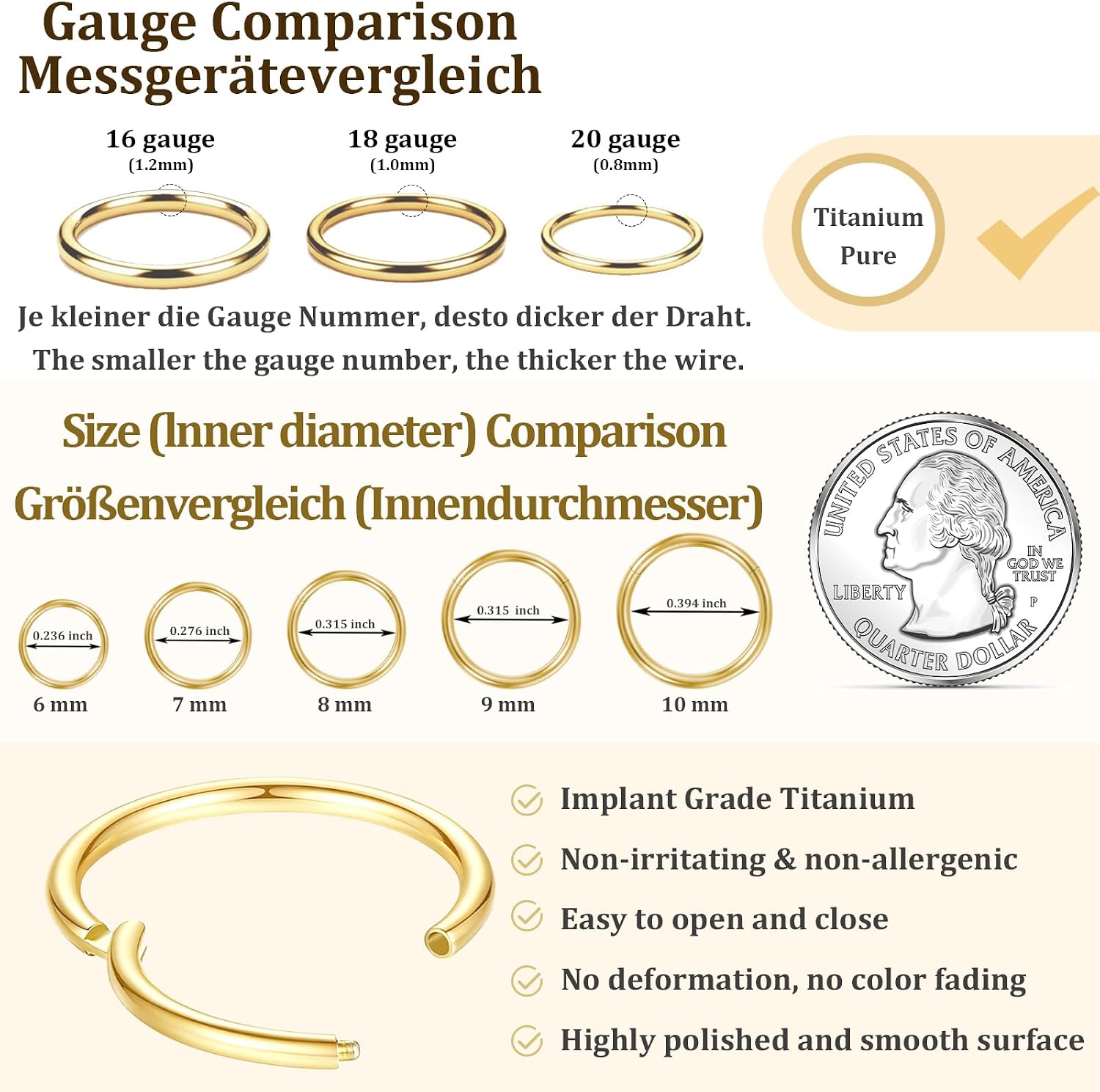 Thumbnail 4 de DAI JY Titanium Nose Ring Hoop (20G/18G/16G) with 6–10mm Inner Diameter – Gold-20g, 7mm