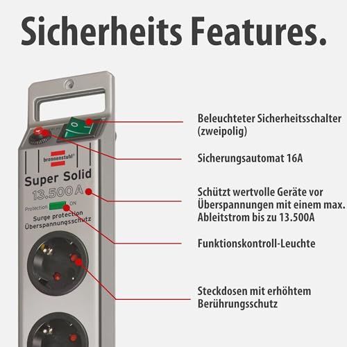 Detalle de Brennenstuhl Super-Solid 5-fach Steckdosenleiste mit Überspannungsschutz