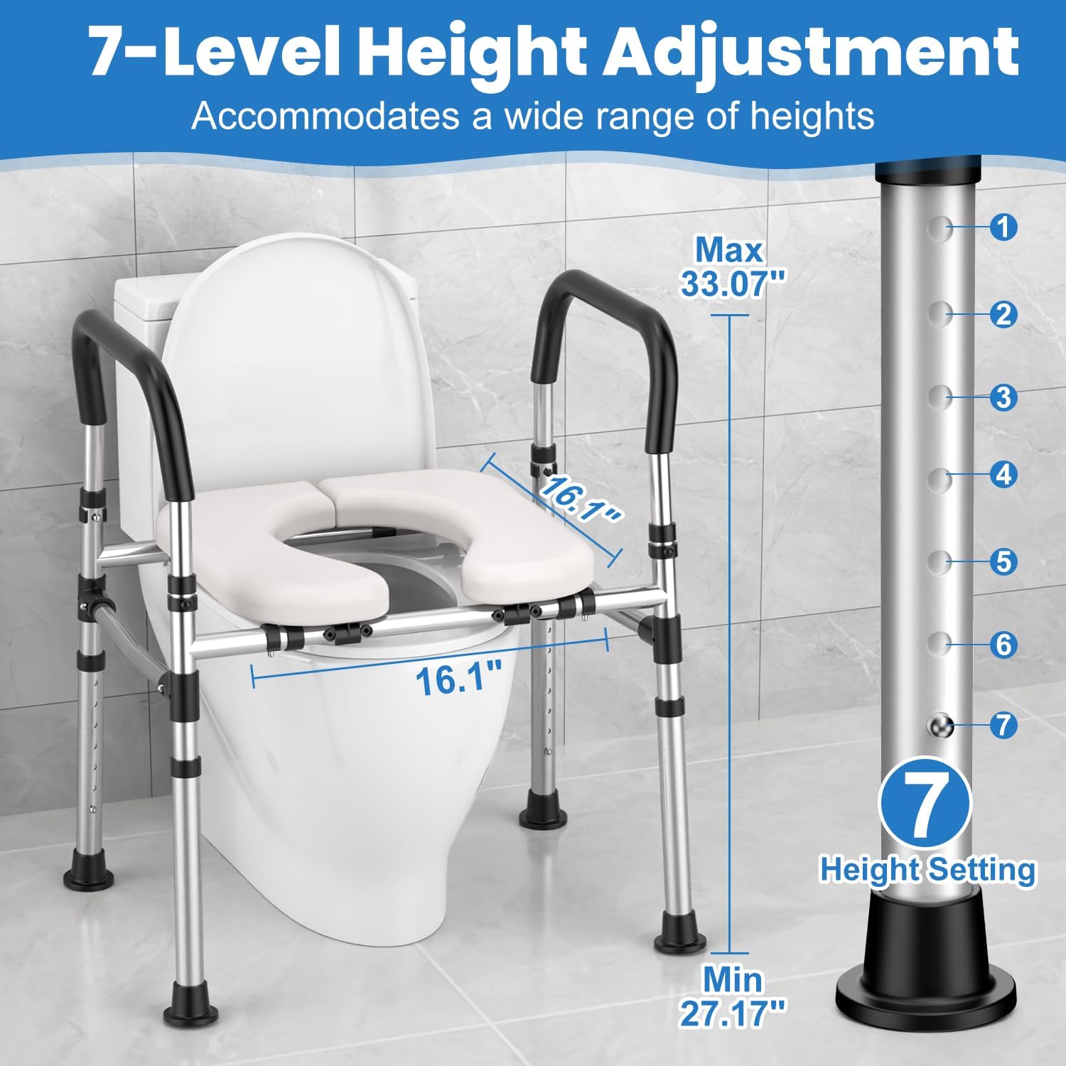 Detalle de JIYUZEST Adjustable Raised Toilet Seat with Handles, Padded, 400 lb Capacity