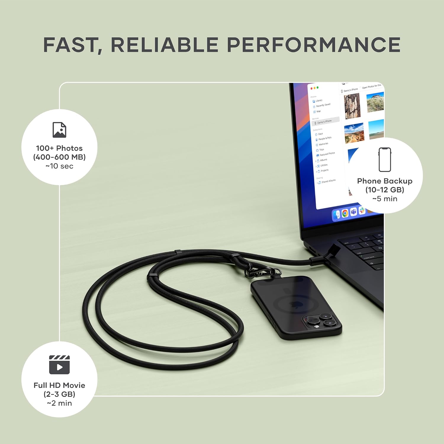 Detalle 2 de Satechi OntheGo USB-C Lanyard Cable (60W fast charging, 480Mbps data) with crossbody strap – Black