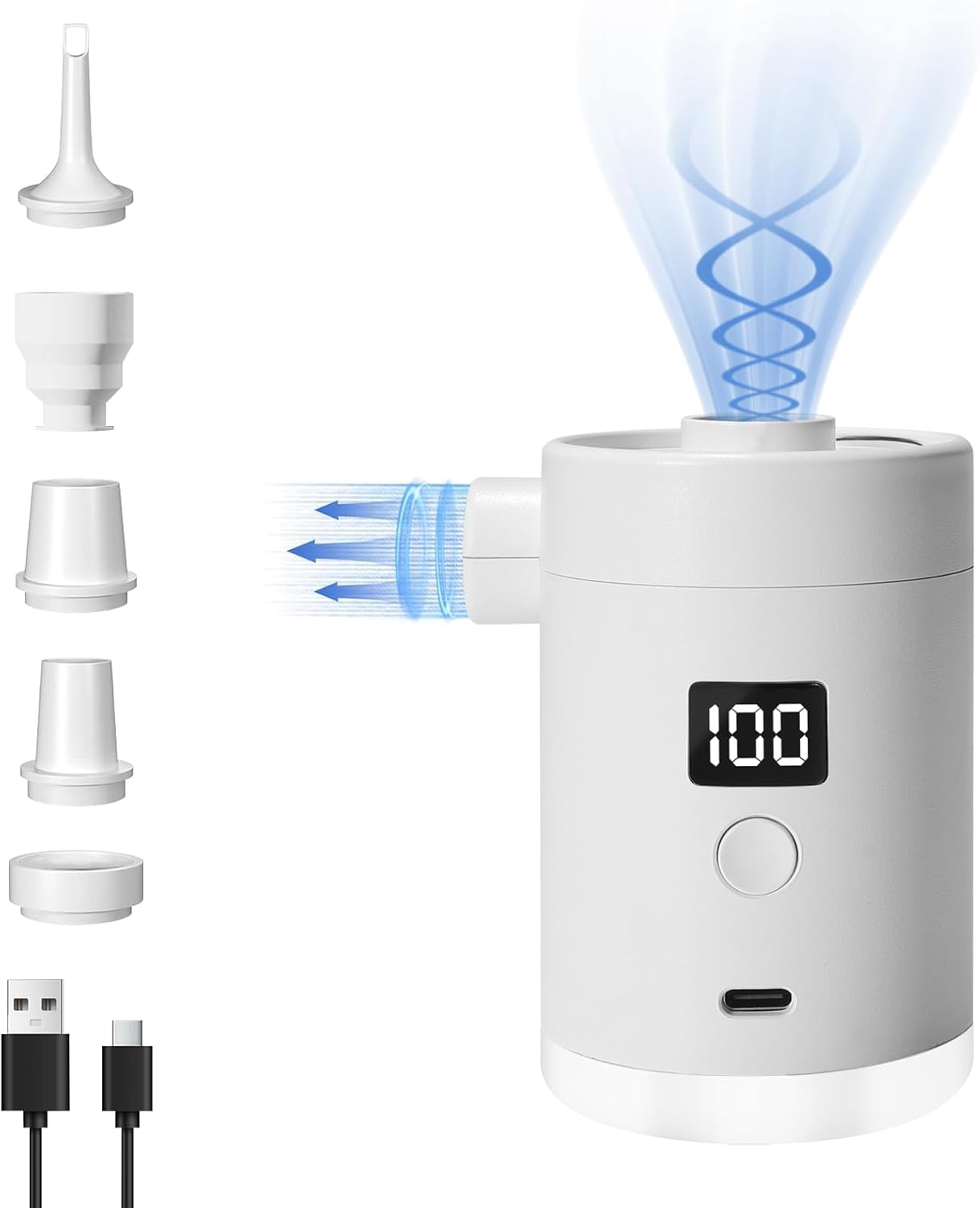 Detalle de Portable Air Pump for Inflatables — Type-C Rechargeable, 5 Nozzles, Ultra-Compact and Quick Inflate/Deflate