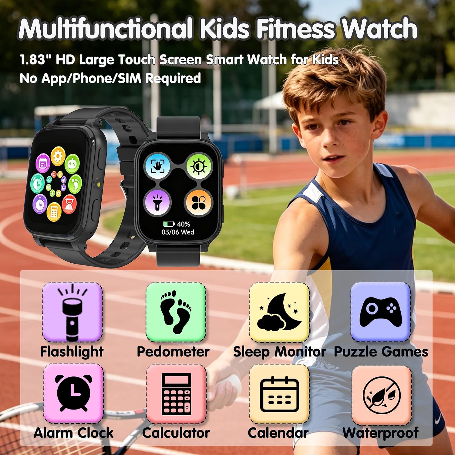Detalle de pmstuy Fitness Tracker Montre Connectée pour Enfant — Écran 1,83'' HD, IP68, Suivi Activité et Sommeil, Jeux Éducatifs