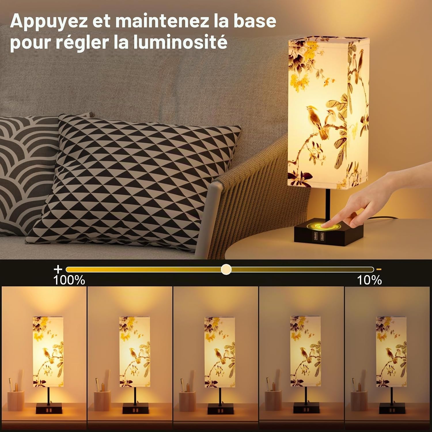 Detalle de Yeeklab lampe chevet tafellamp met touchscreen, 2 USB-poorten en 3 lichtkleuren
