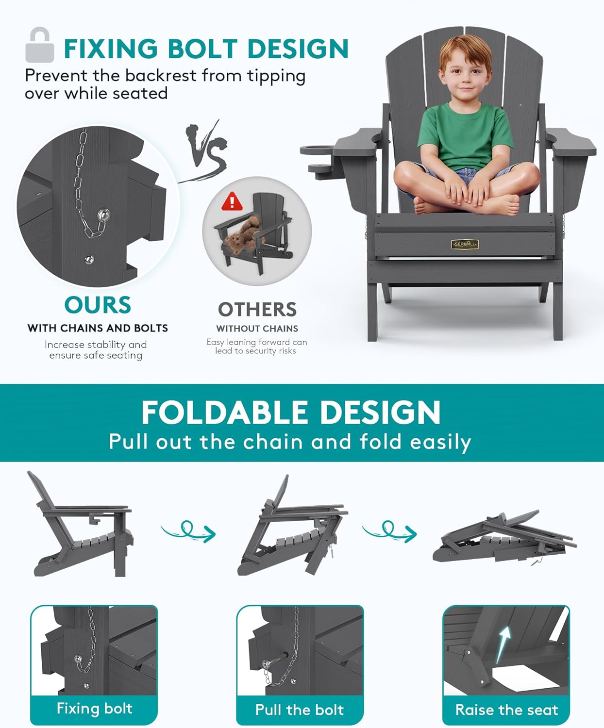 Detalle 1 de SERWALL A041-181 Folding Adirondack Chair, Gray HIPS with Hidden Cup Holder