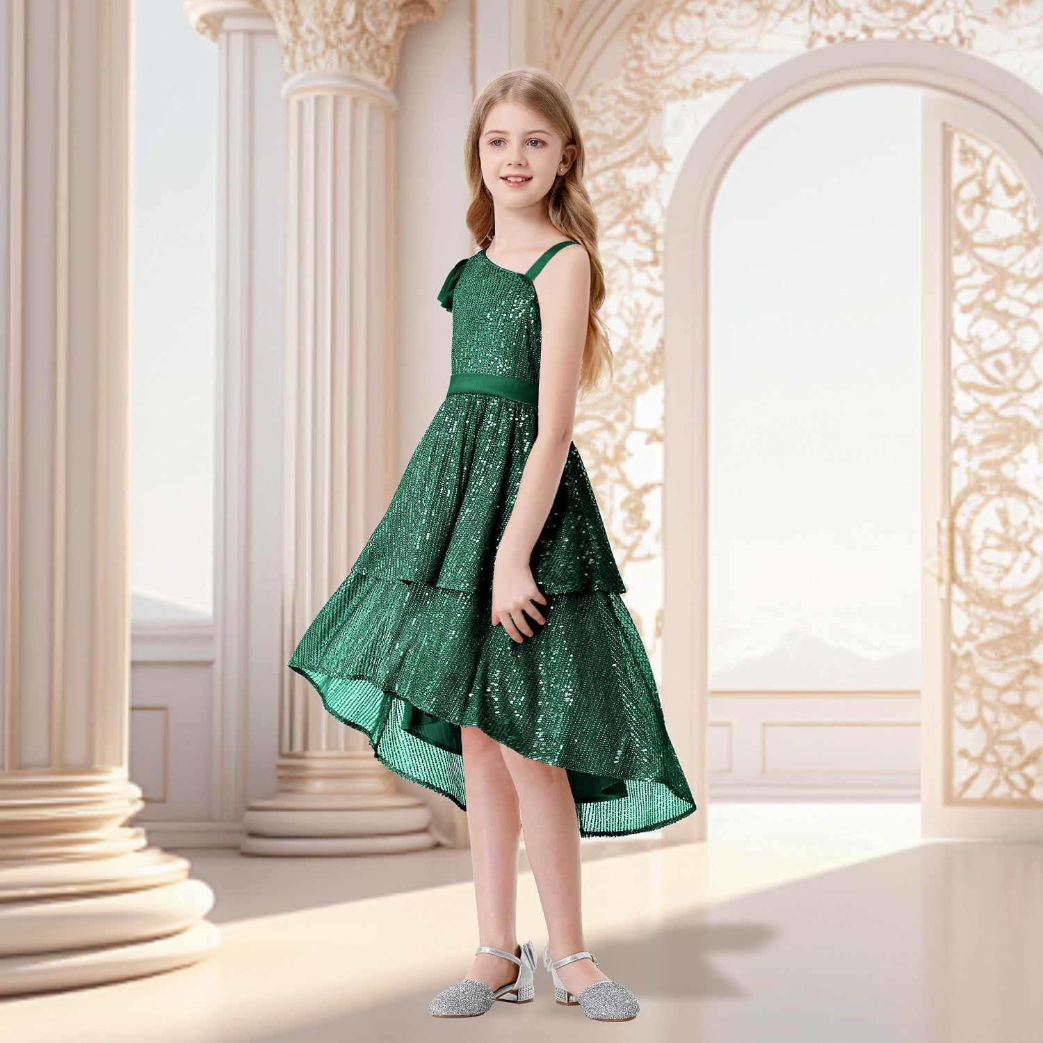 Detalle 2 de LOLANTA H03003 meisjesjurk met pailletten, halterhals en asymmetrische zoom