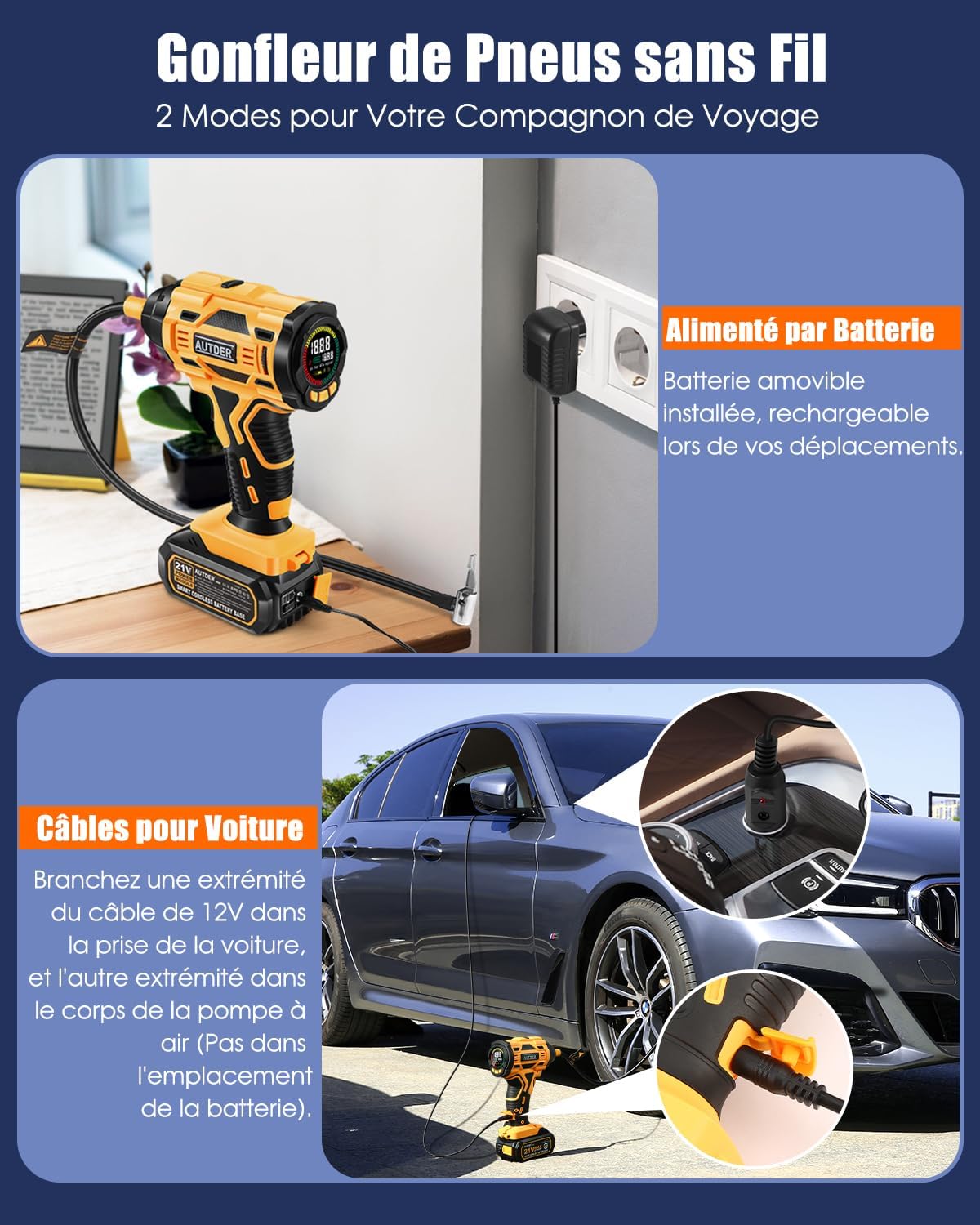 Thumbnail 5 de AUTDER Compresseur à Air Portatif — Gonfleur sans fil 21V/12V, 180 PSI, 4 embouts