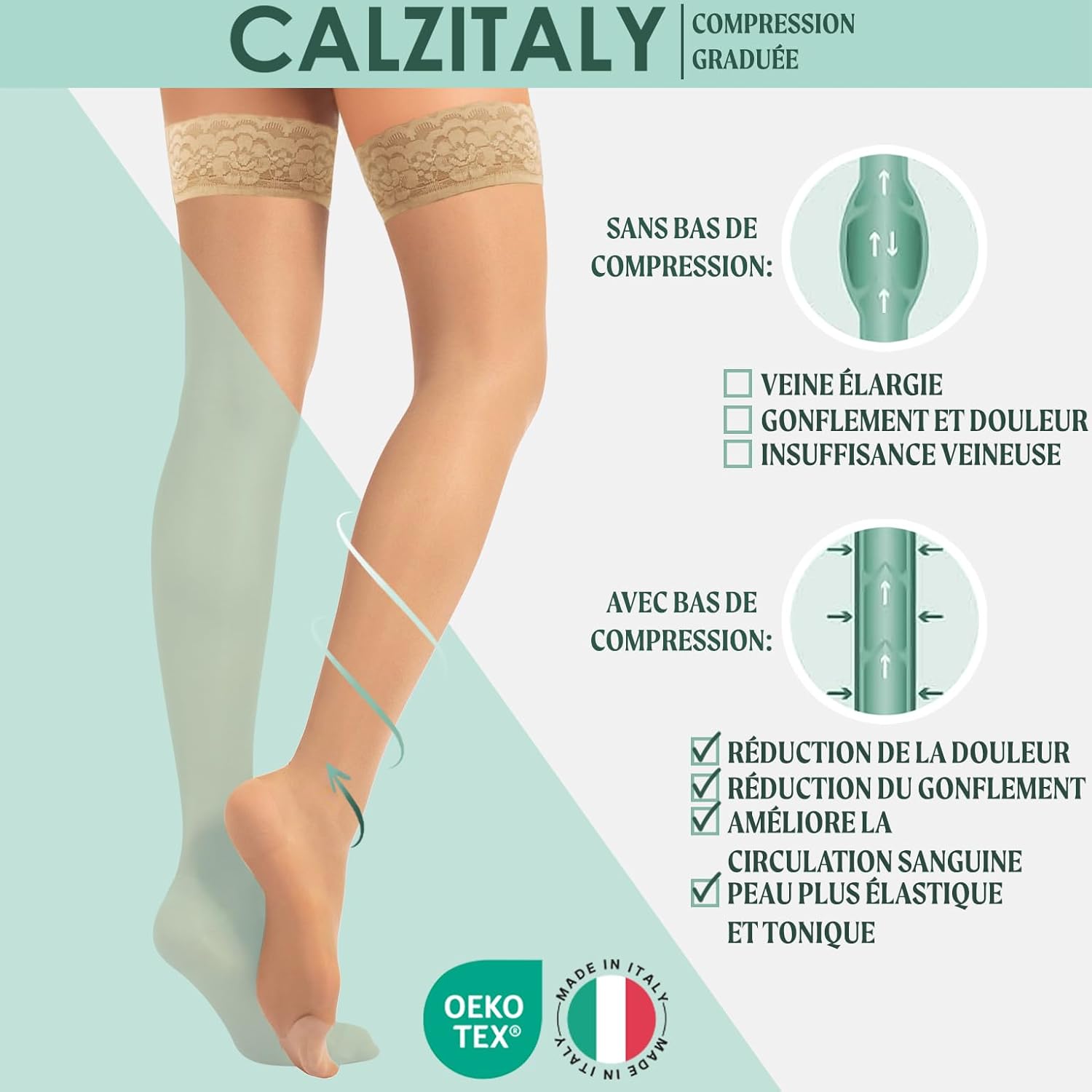 Thumbnail 4 de CALZITALY Bas Autofixants de Soutien Médical à Compression Graduée Moyenne 10-14 mmHg (70 DEN) – Noir et Beige