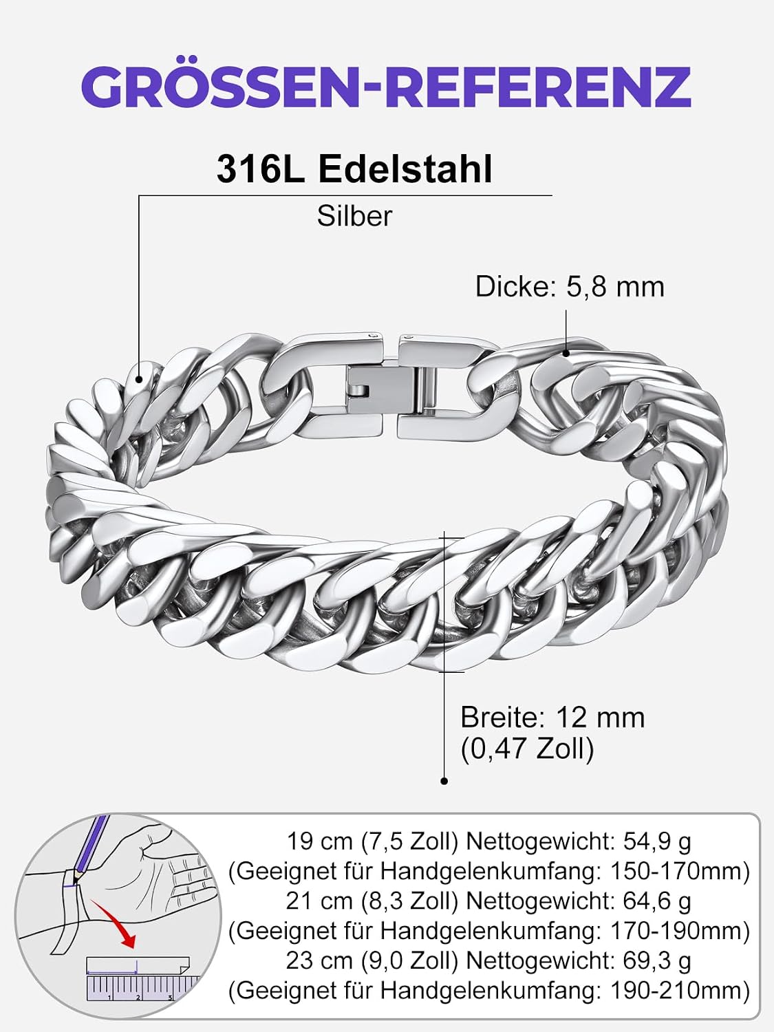 Detalle de Richsteel Herren-Armband im Cuban-Gliederstil aus 316L-Edelstahl – Silber/Gold/Schwarz, 8/12/17 mm breit