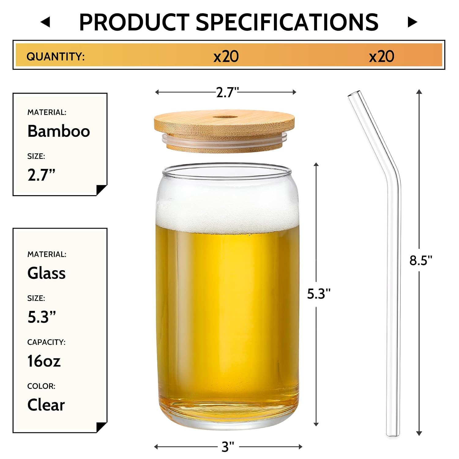 Thumbnail 1 de VITEVER 20-Piece Glass Cups Set with Bamboo Lids & Glass Straw (16 oz)