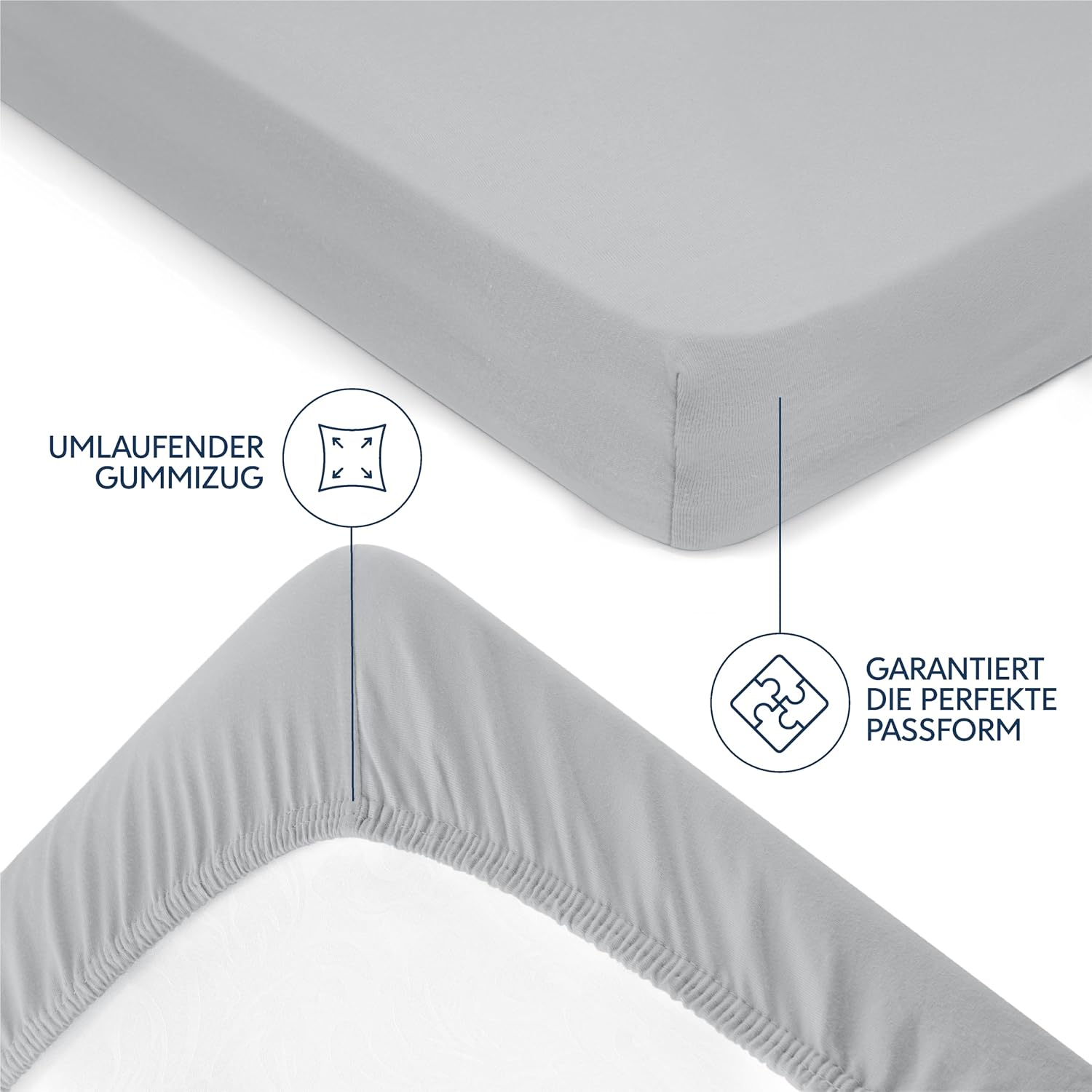 Detalle 2 de Dreamzie Premium Spannbettlaken 180x200 cm (bis 27 cm Matratzenhöhe), Jersey Baumwolle – Grau