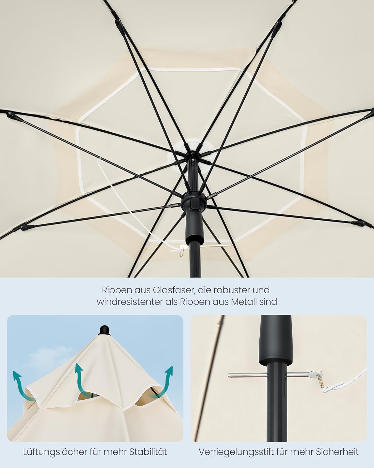 Thumbnail 5 de SONGMICS Sonnenschirm 180 cm mit UPF 50+, beidseitig um 30° knickbar und höhenverstellbar (beige, ohne Ständer) GPU062LZ01