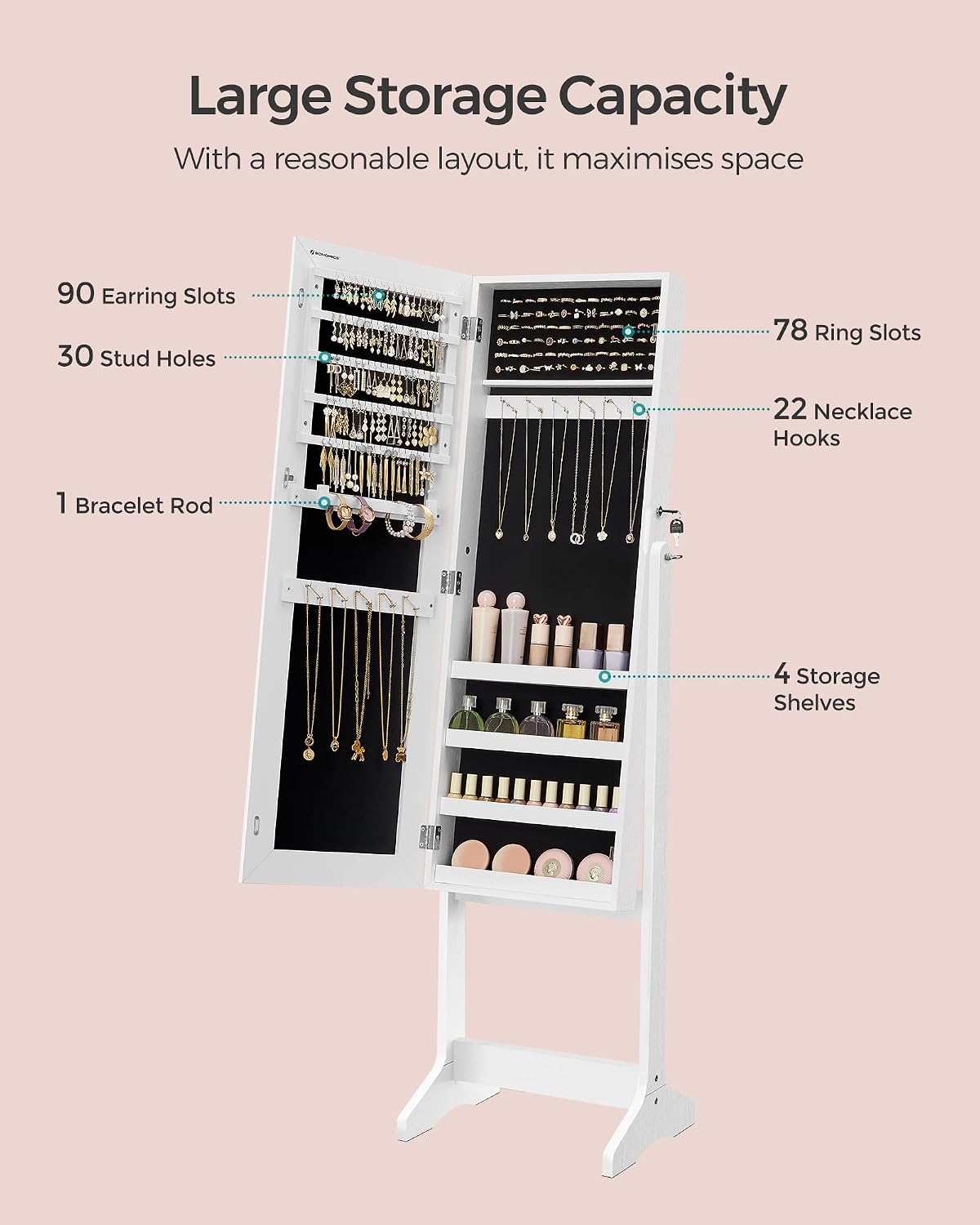 Thumbnail 2 de SONGMICS Mirror Jewellery Cabinet Armoire JJC69WT: Standing Full-Length Mirror with Lockable Jewellery Organiser