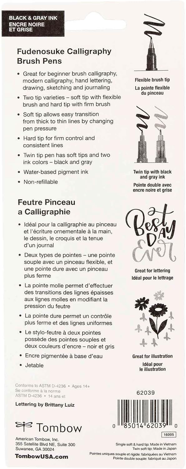 Detalle de Tombow 62039 Fudenosuke Brush Pens, 3-Pack, Soft, Hard & Twin Tips