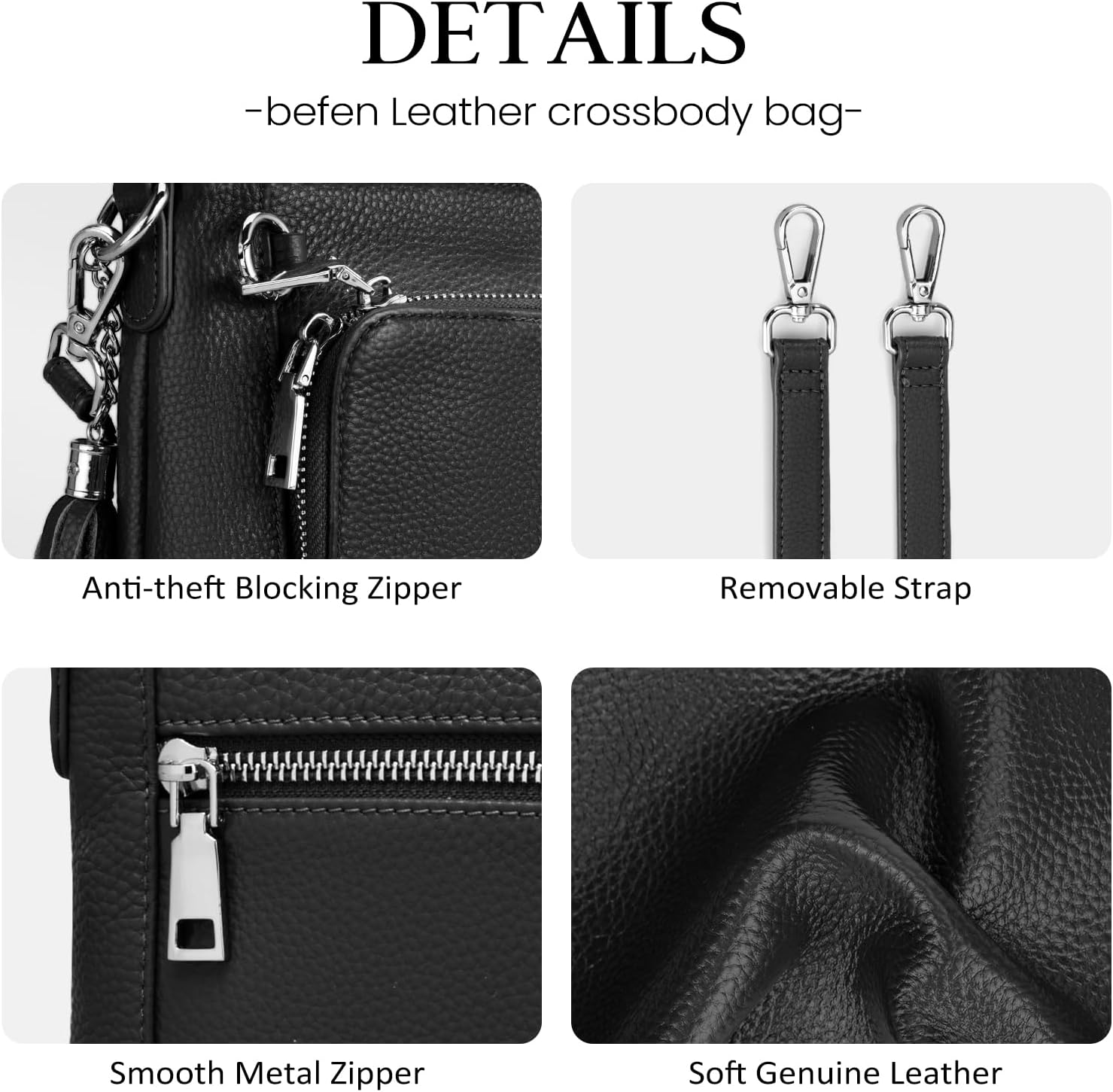Detalle de befen Genuine Leather Crossbody Bag with Built-in Wallet, RFID Blocking & Anti-theft Clips (Small)