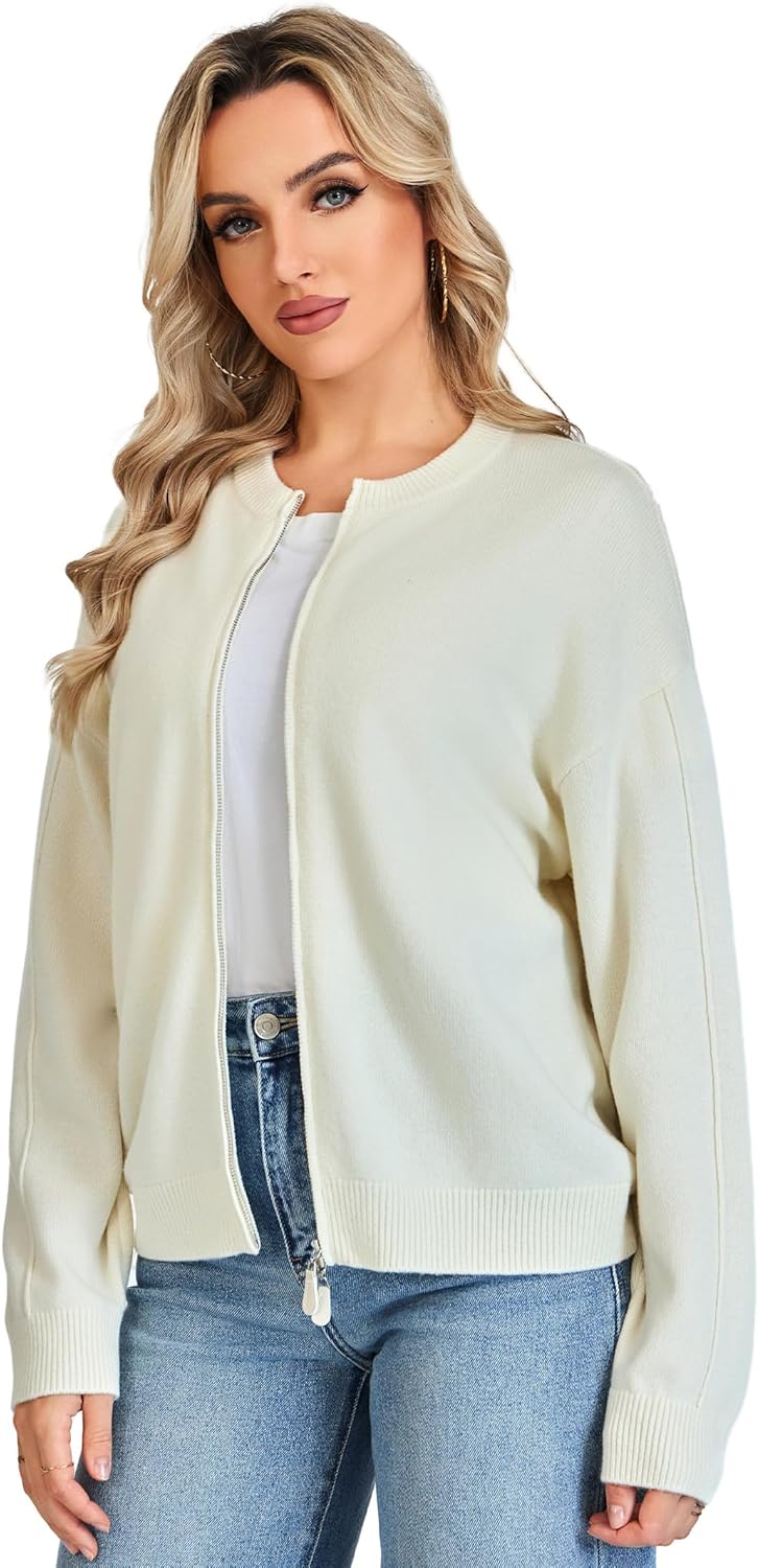 Thumbnail 3 de VETLURY Damen-Strickjacke aus 100% Merinowolle mit Doppelreißverschluss – Rundhals-Cardigan für die Übergangszeit