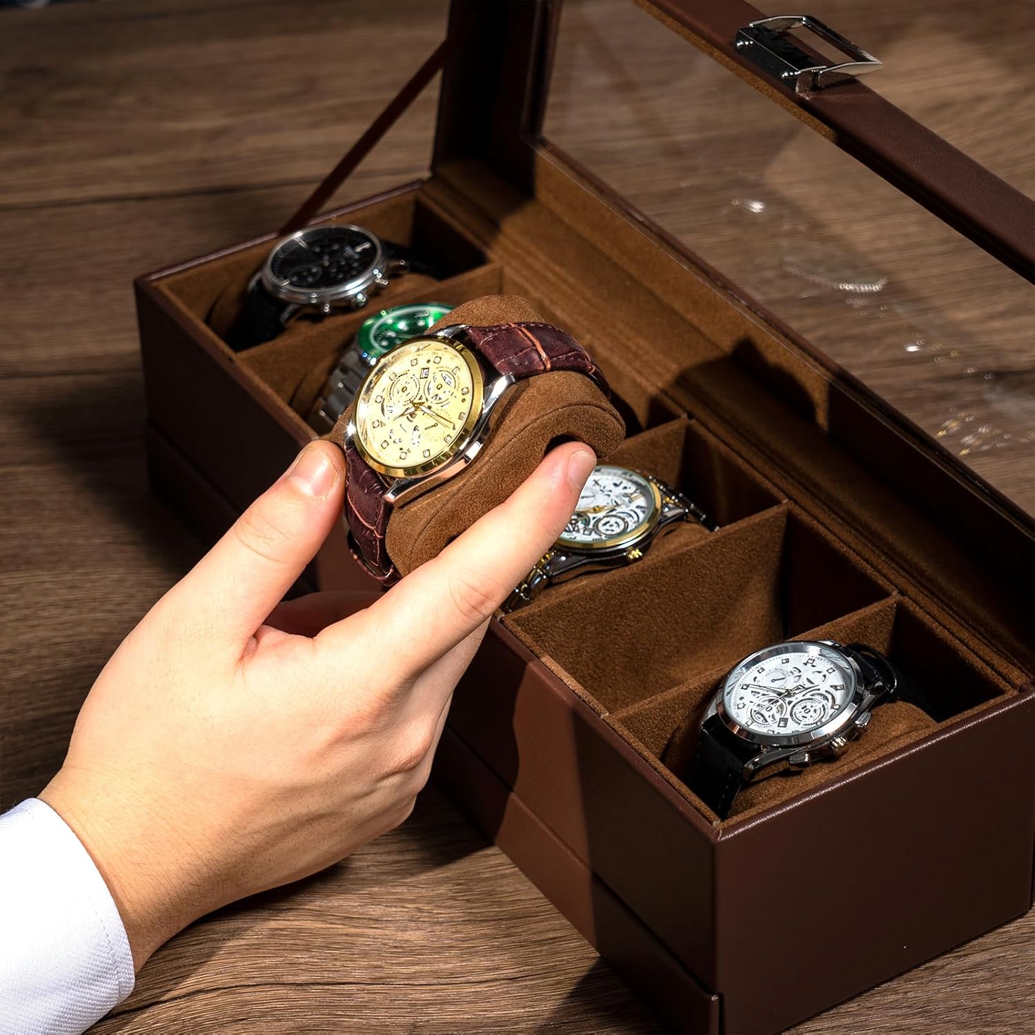 Detalle de ProCase caja de relojes de 6 ranuras con cajón y tapa de cristal (2 capas) – café