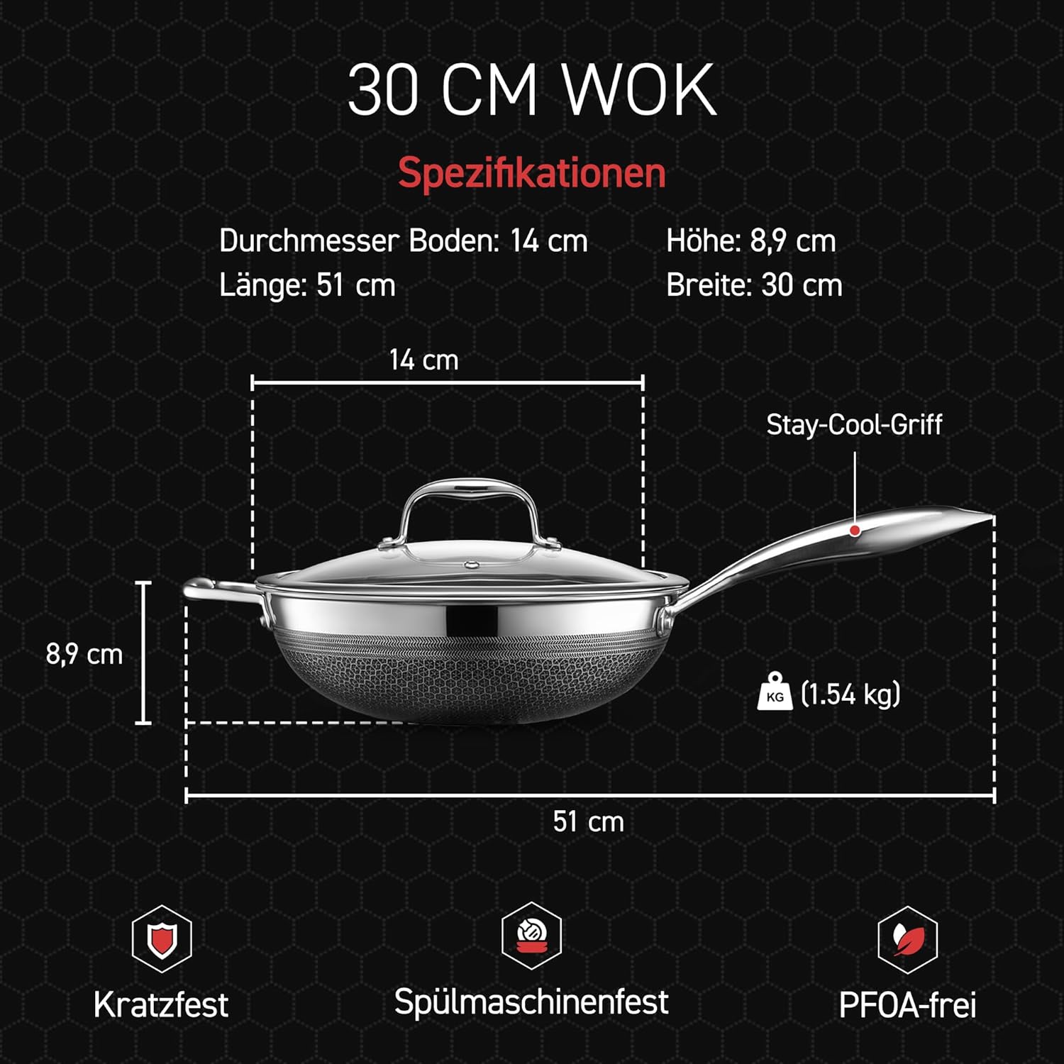 Detalle 2 de HexClad Hybrid-Wok Ø 30 cm – Antihaftbeschichtete Wokpfanne mit Stay-Cool-Griff