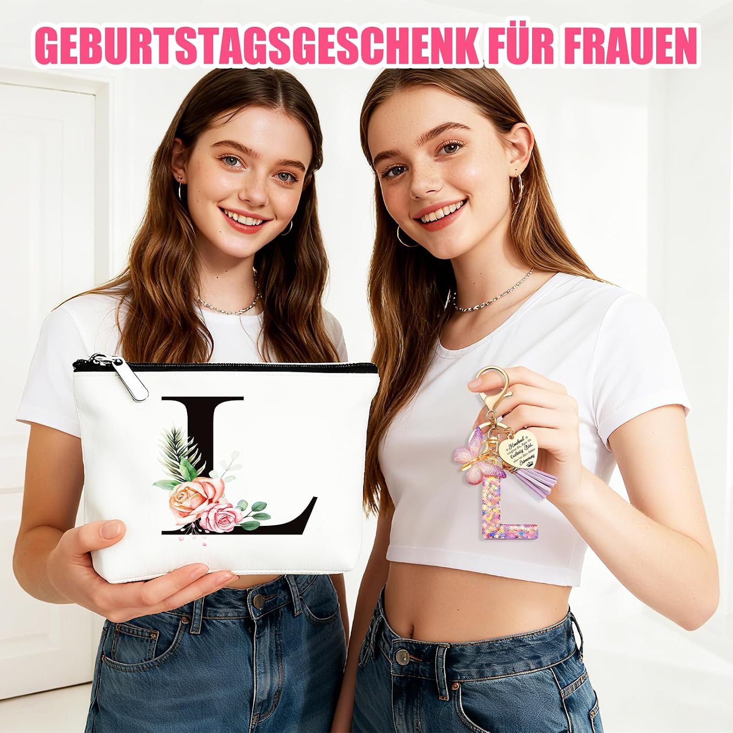 Detalle de TUZELIYA personalisierte Kosmetiktasche mit Buchstaben-Anhänger L – Geschenkidee für Frauen, Mädchen, Mütter & Brautjungfern
