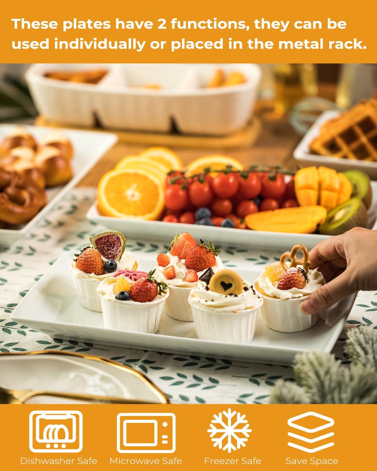 Detalle de LAUCHUH 3-Tier Porcelain Serving Tray with Collapsible Sturdy Rack, 12 Inch (Gold)