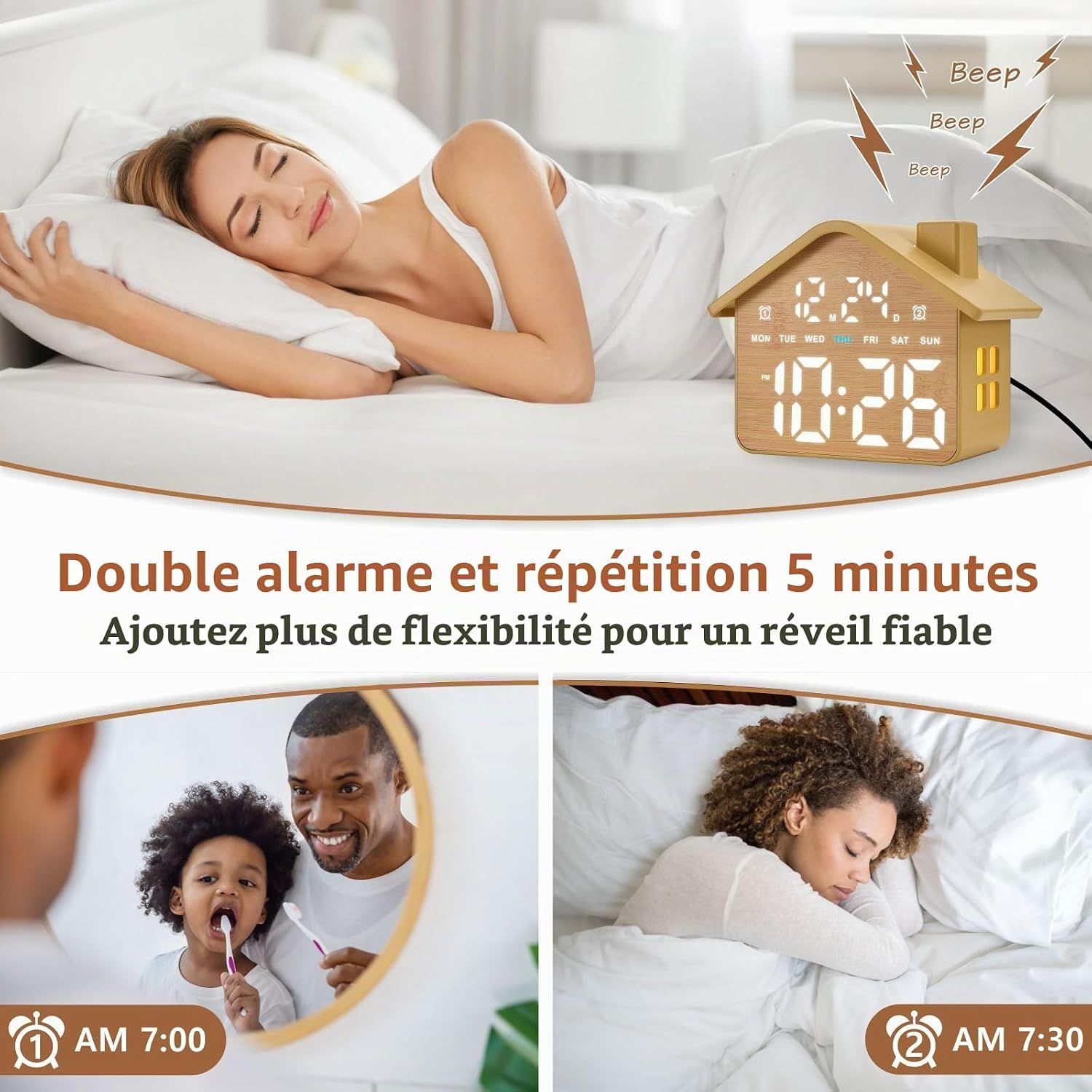 Thumbnail 4 de Plumeet VLEU-8053-WD digitale wekker met dubbele alarmen en dimbaar display
