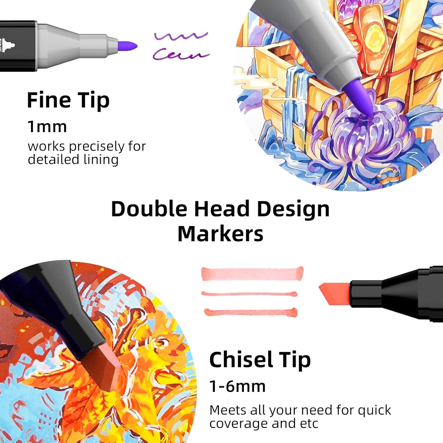Detalle de HOMESILMO 80-Colour Alcohol Markers Set: Double-Point Precision for Creative Adults