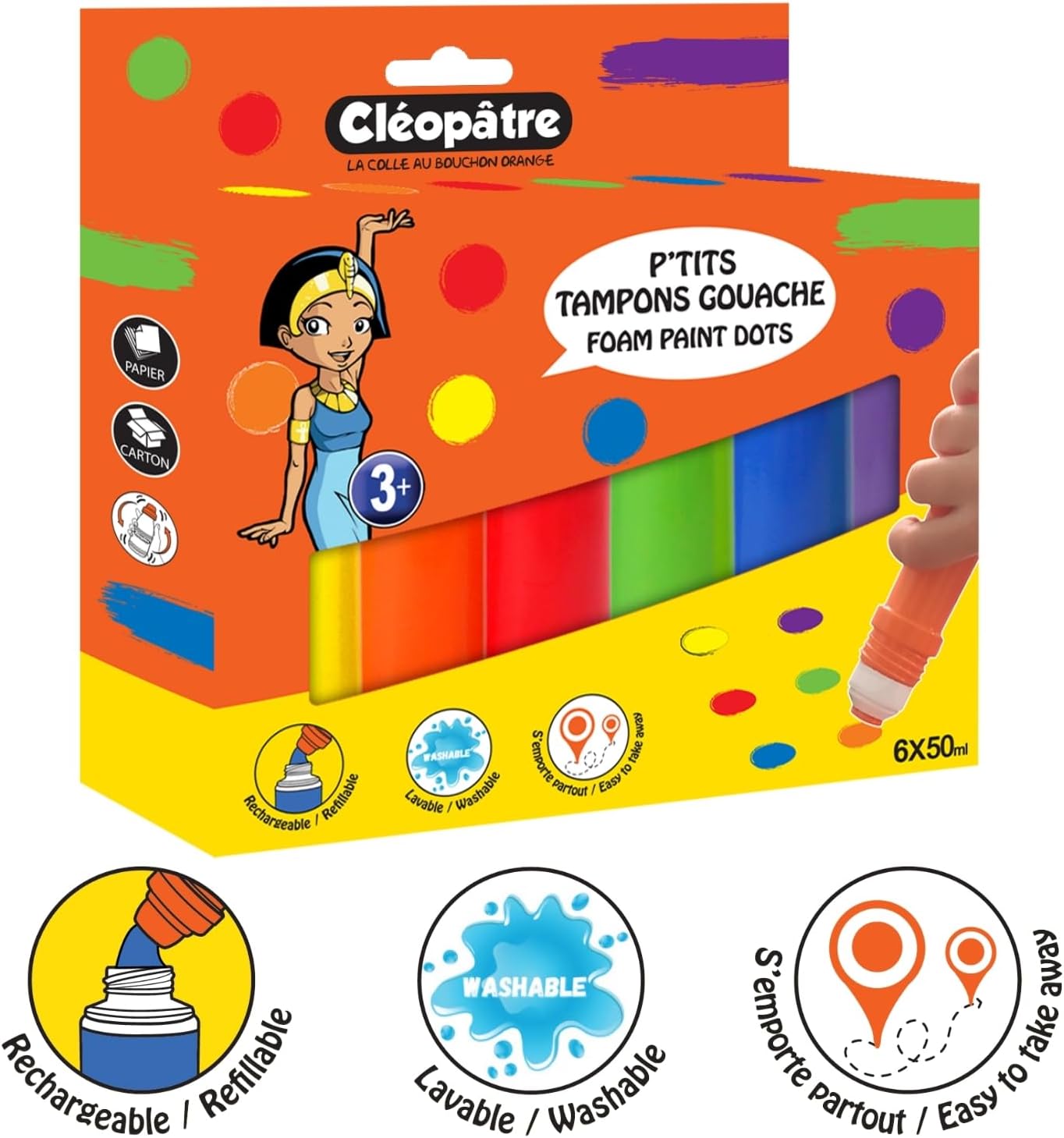 Thumbnail 2 de CLEOPATRE Lot de 6 P’tits Tampons de Peinture Gouache 50ml – 6 couleurs, mousse d’application et rechargeables
