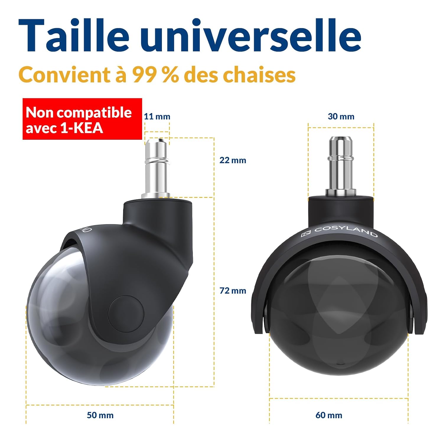 Thumbnail 1 de COSYLAND Roulettes de Chaise de Bureau 5PCS 11x22mm – Roues Silencieuses et Résistantes, Rotation 360°