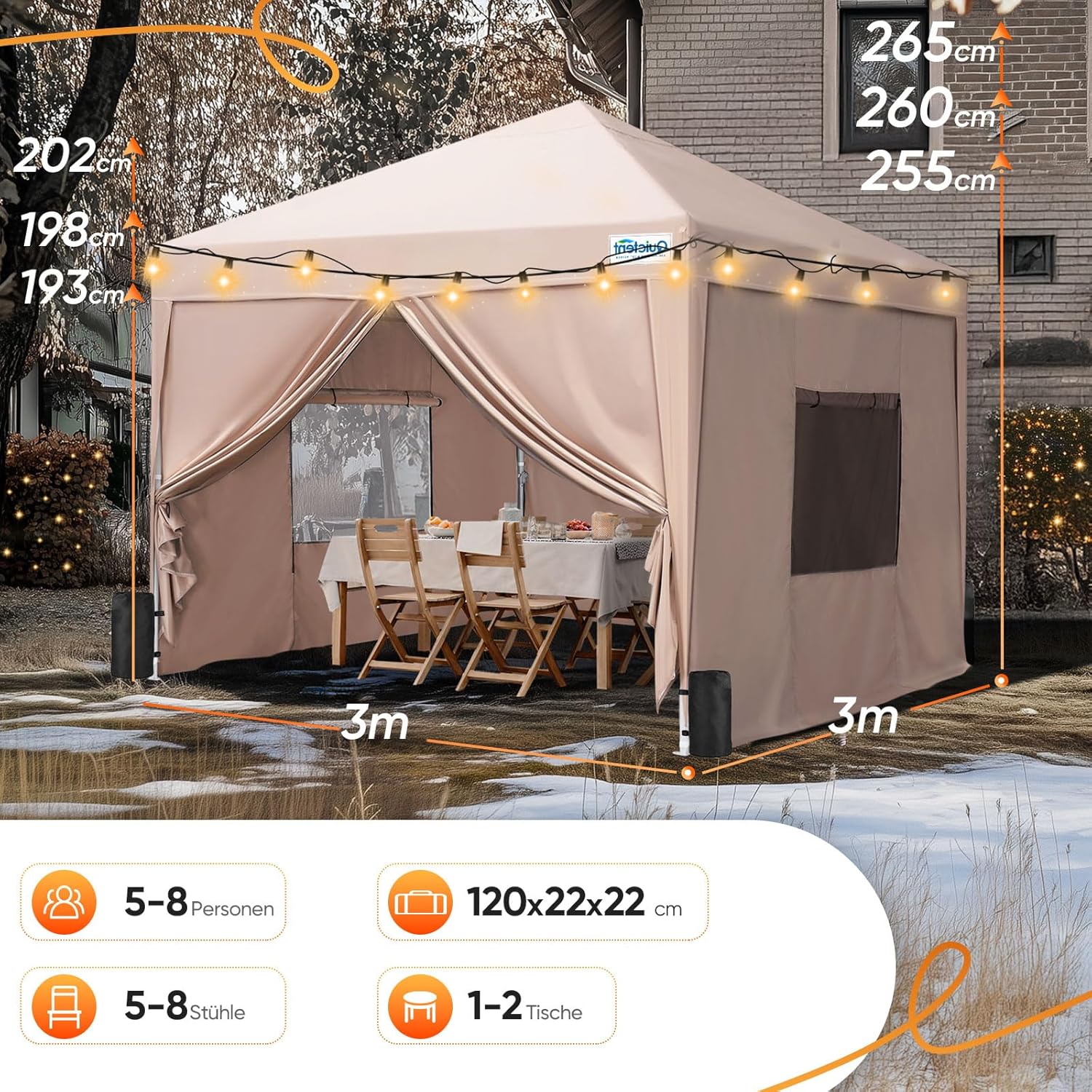 Detalle 2 de Quictent Faltpavillon 3x3m mit 4 Seitenwänden – wasserdicht, winterfest, inkl. Sandsäcke und Tragetasche (Beige)