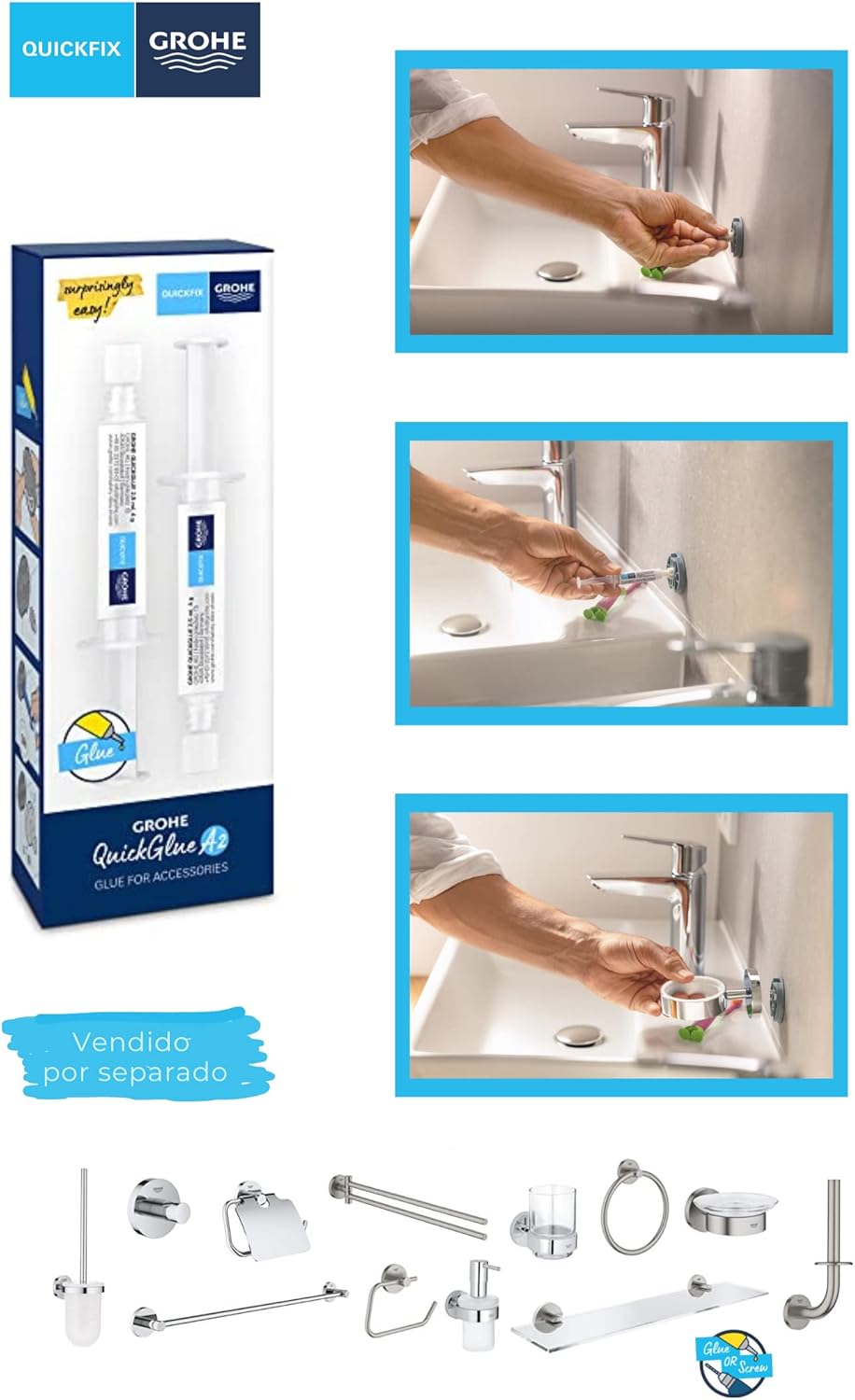 Thumbnail 1 de GROHE QuickGlue Kleber-Set 2x für Bad-Accessoires (ohne Bohren) – geeignet für Marmor, Fliesen, Glas, Kunststoff, Holz, Metall