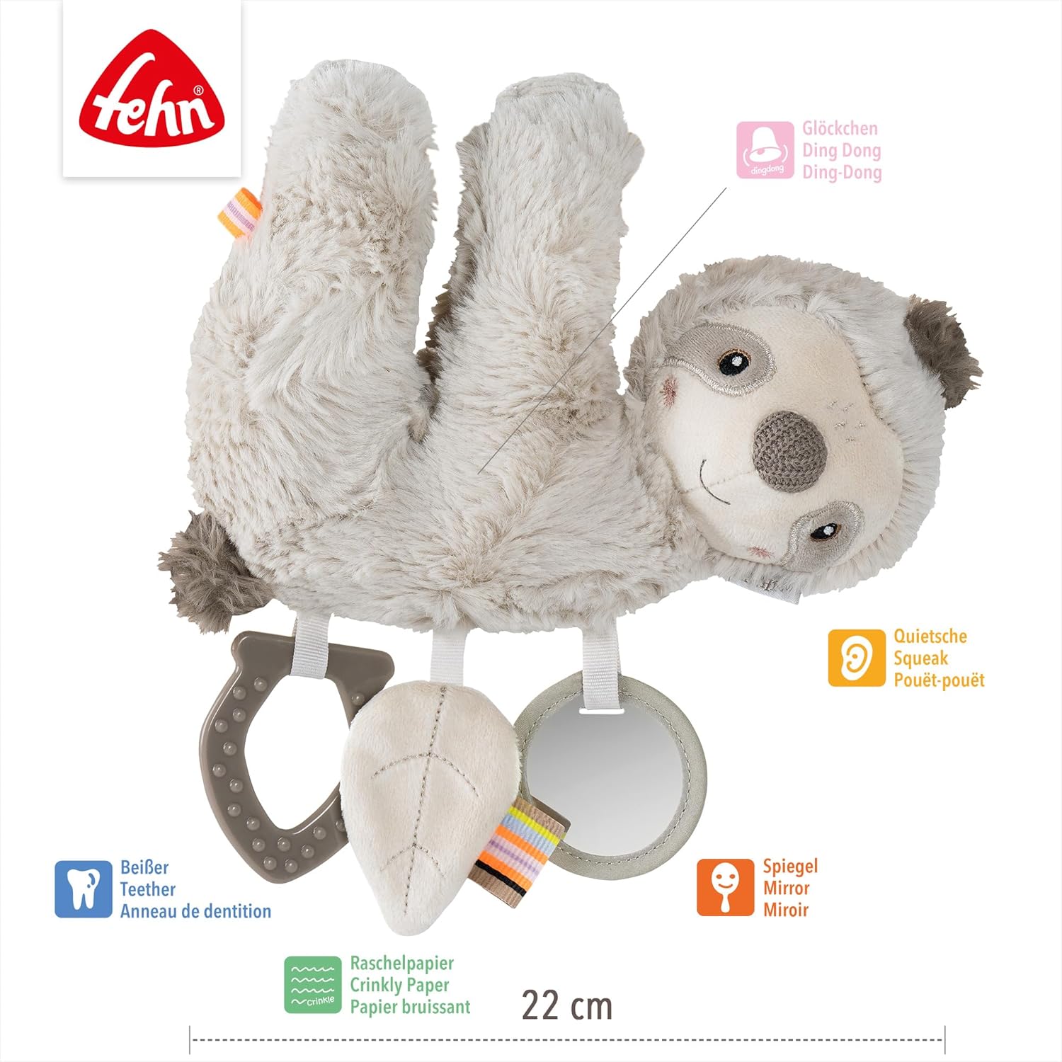 Detalle de Fehn Activity-Faultier – Motorikspielzeug zum Aufhängen für Kinderwagen, Kinderbett und Babyschale