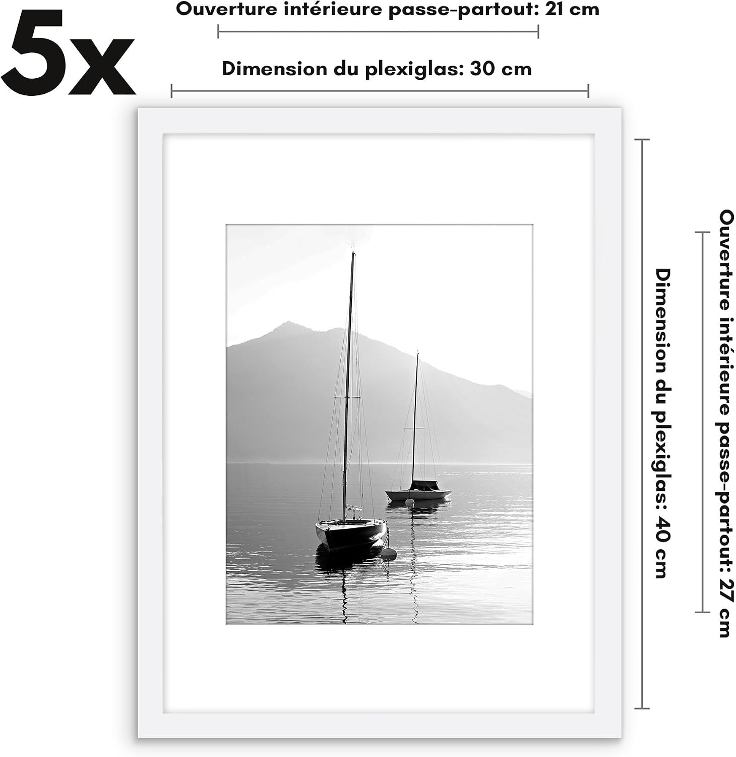 Detalle 2 de Americanflat Cadre Photo 30x40 cm Blanc – Lot de 5 cadres muraux à affichage polyvalent