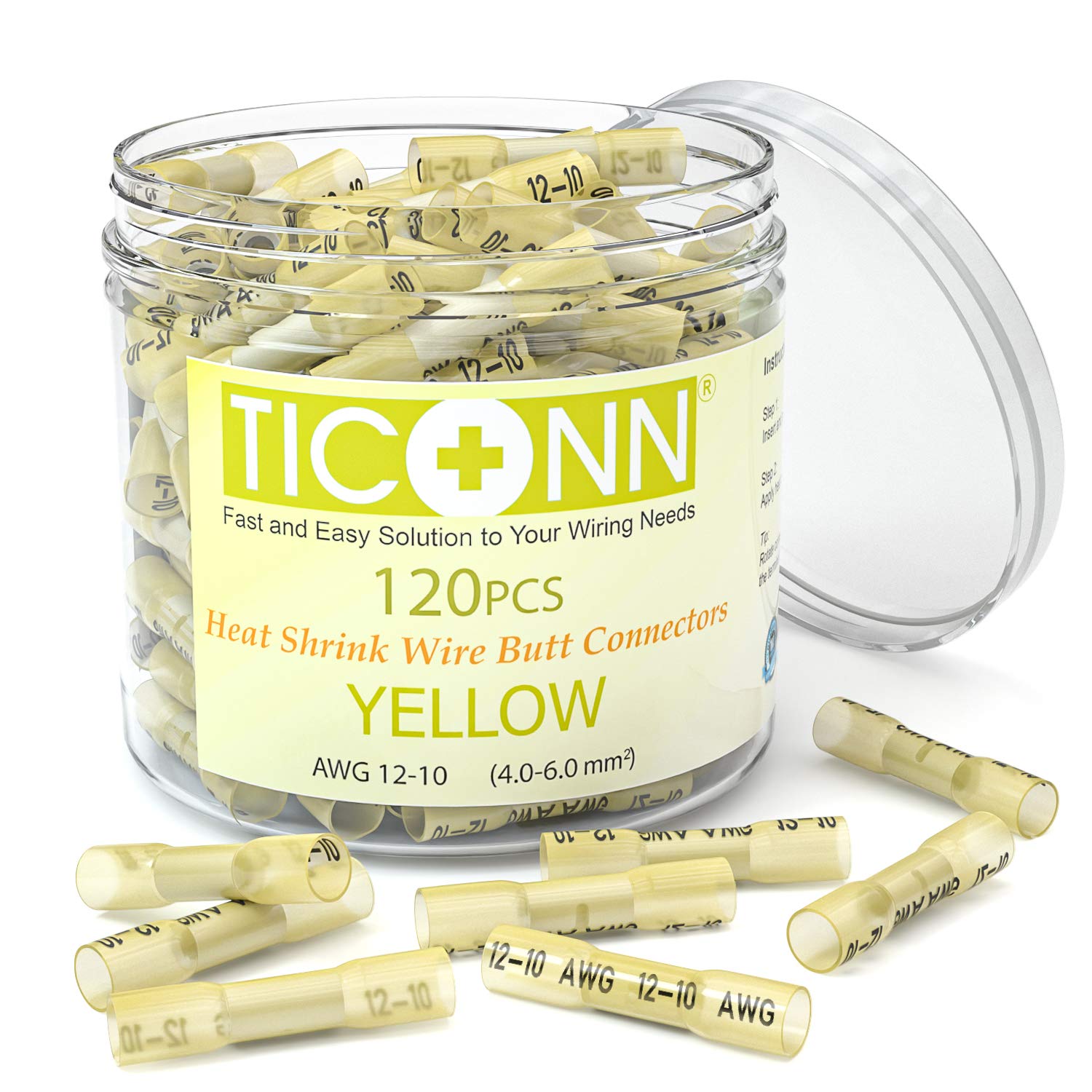 Detalle de TICONN TICONN - 067 Heat Shrink Butt Connectors, Yellow, 12–10 AWG, 120-Pack
