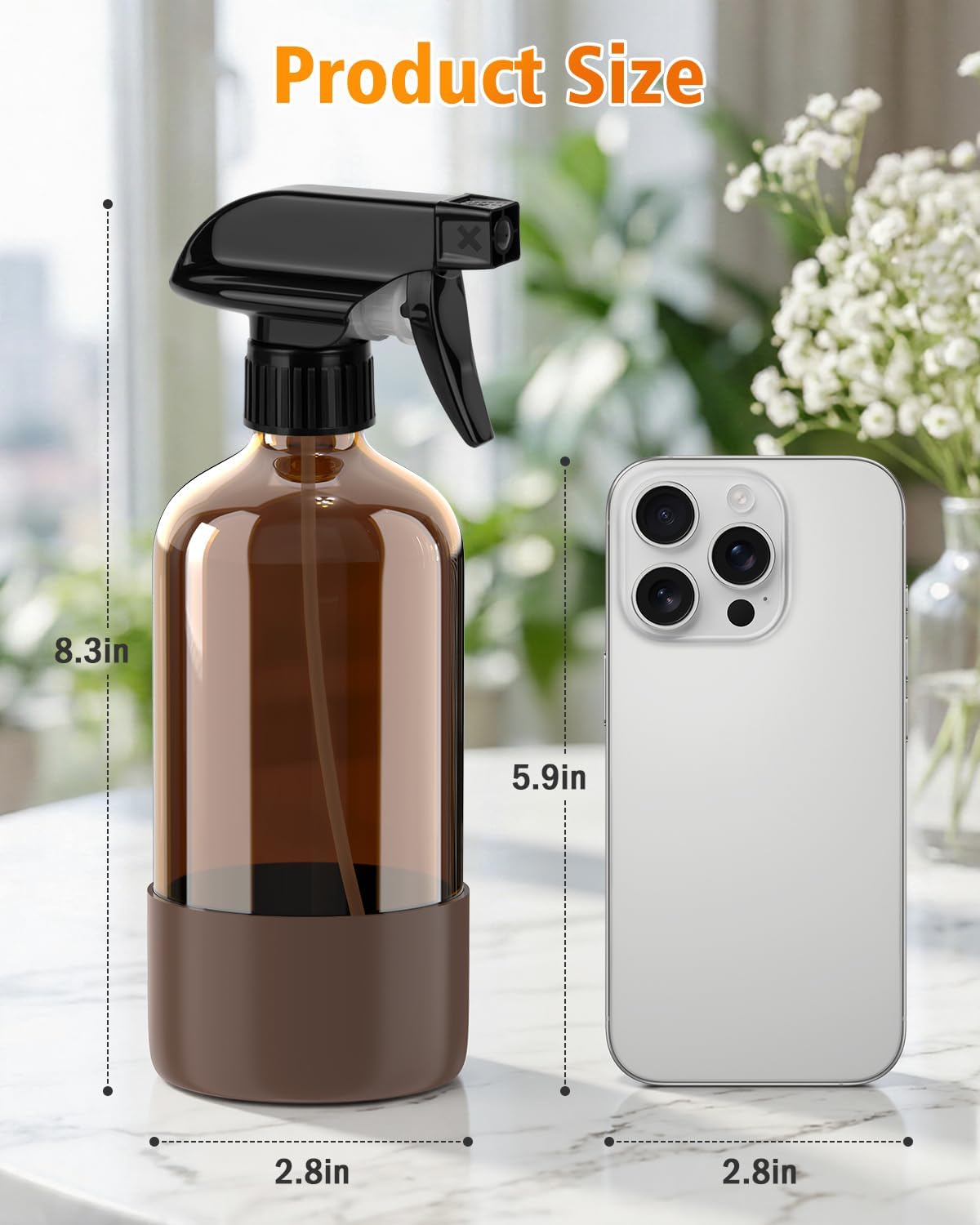Detalle de Rionisor x-0080 Amber Glass Spray Bottles, 16 oz, Adjustable Mist/Stream