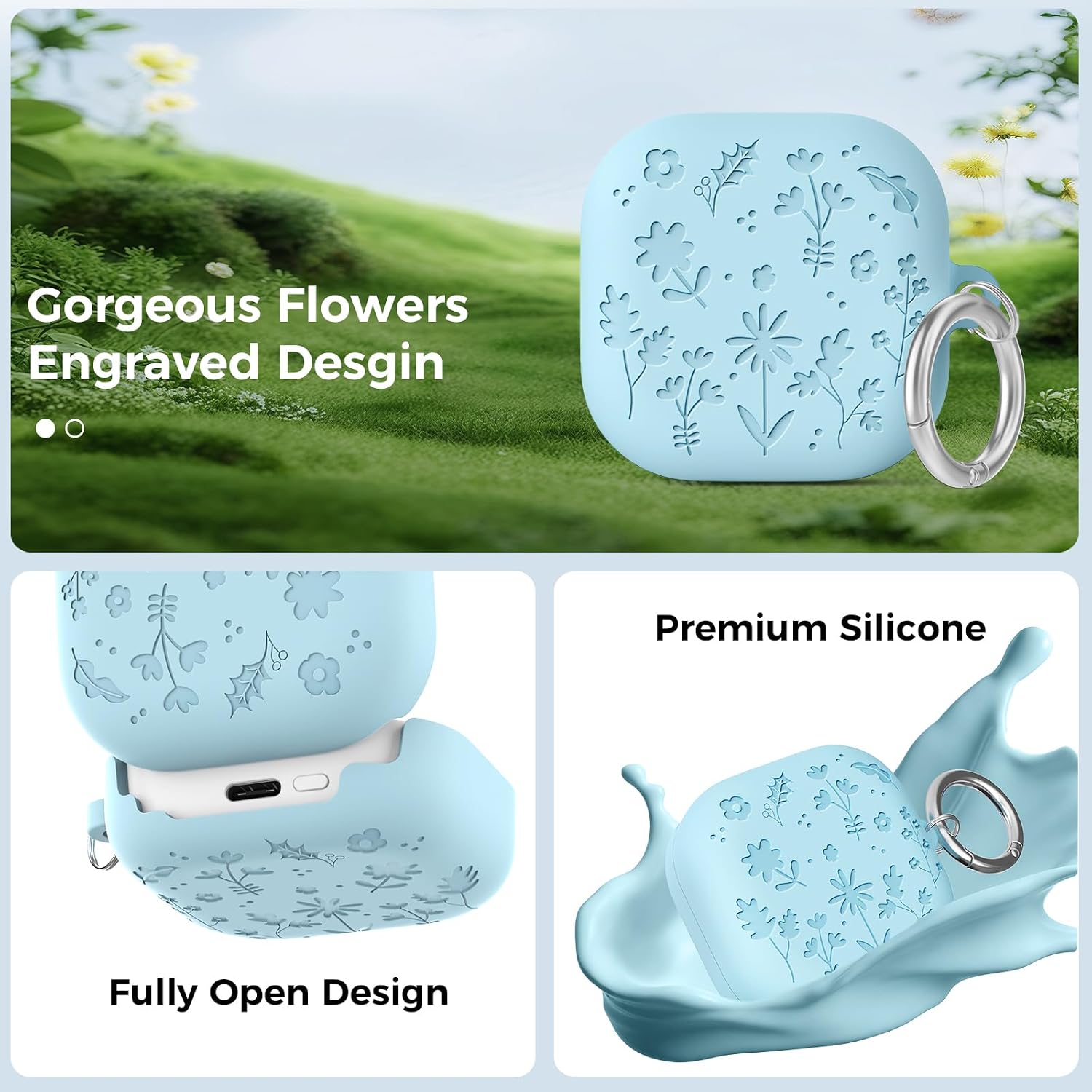 Detalle de AhaStyle Silicone Case for Galaxy Buds4 & Buds4 Pro (2026) – Flower Engraved, Non-Slip, with Carabiner