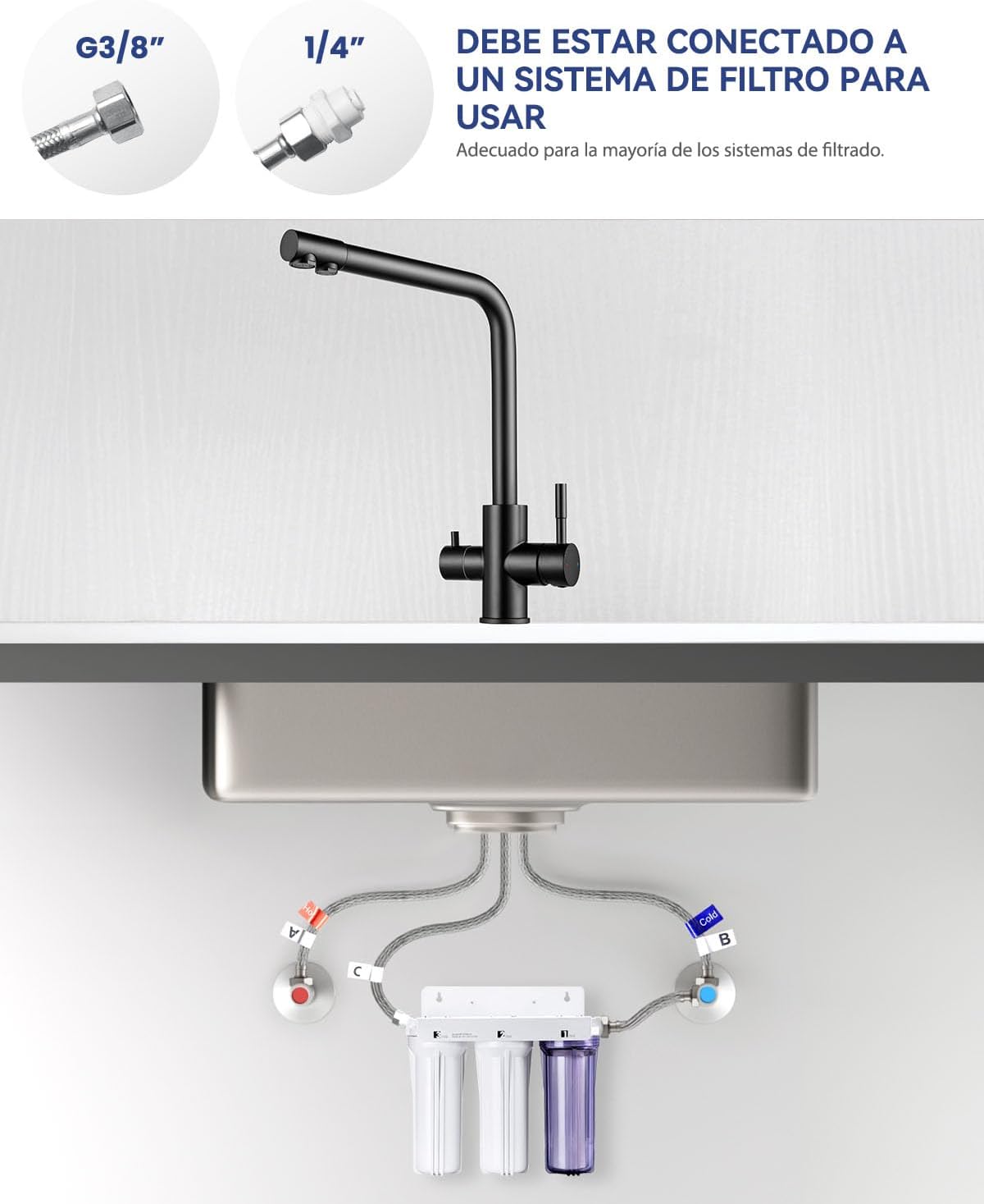 Detalle 2 de Sofetiy Grifo Cocina 3 Vías Nero 360° 320 mm