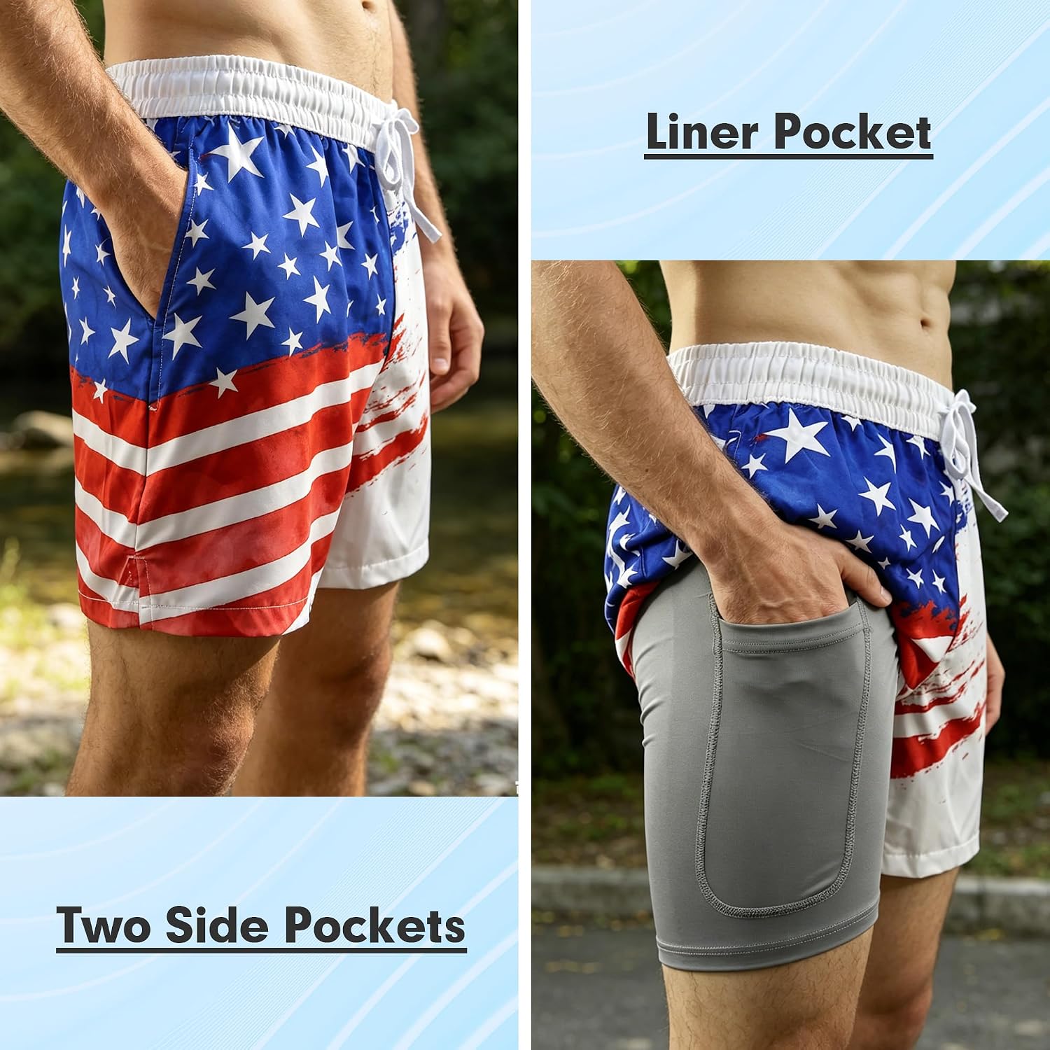 Detalle de Mens Swim Trunks 2 in 1: Quick-Dry Board Shorts with Pockets for Beach & Water Sports