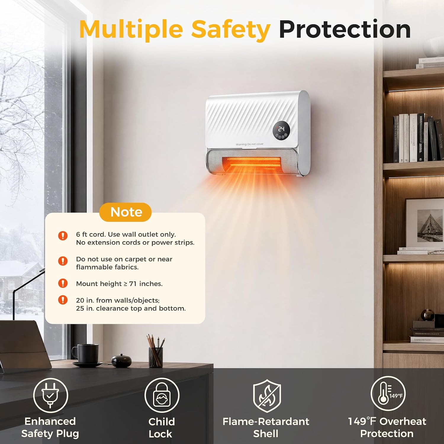 Detalle de NEWBULIG 1500W Wall Space Heater with Remote, Timer and Dual Installation