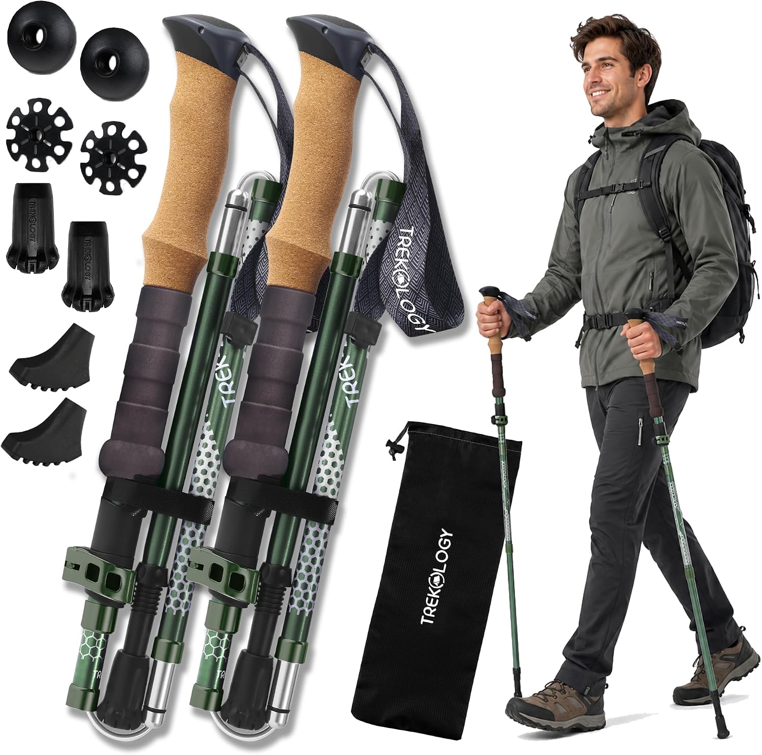 Detalle de TREKOLOGY Trek-Z Folding Trekking Poles, Adjustable Aluminum, Cork Green