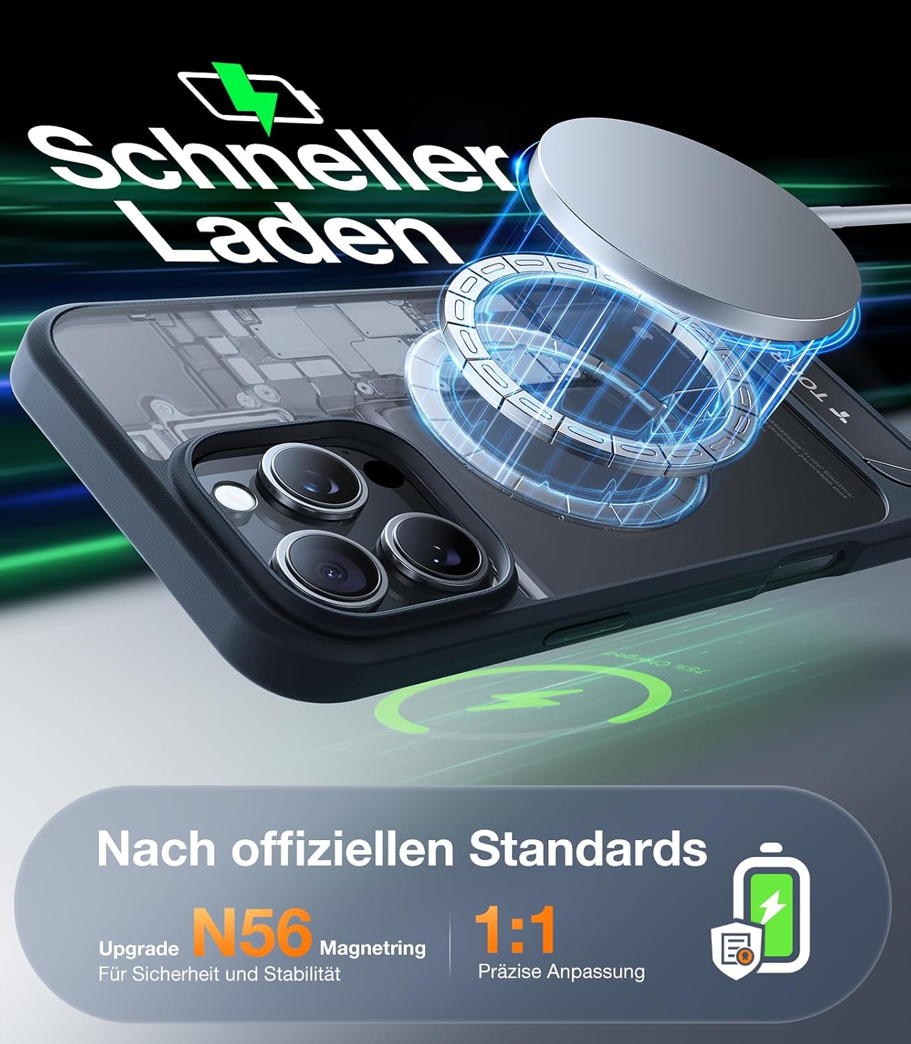 Detalle de TORRAS Ostand L1: iPhone 15 Pro Hülle mit Flügelständer — MagSafe-kompatibel, Militärschutz, matt Schwarz