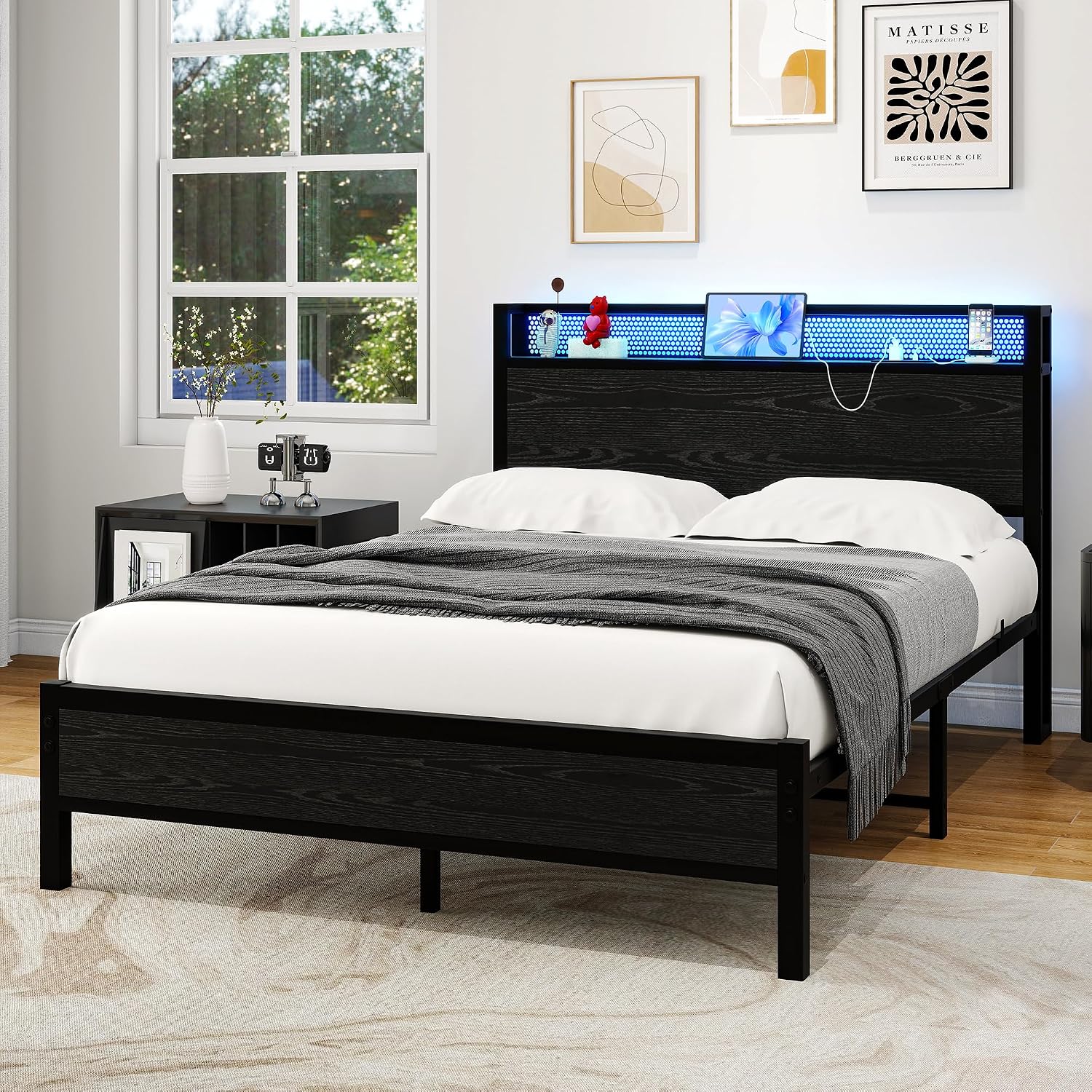 Detalle de Diolong 1012F Full Bed Frame with Storage Headboard, RGB LED Lights and Charging Station