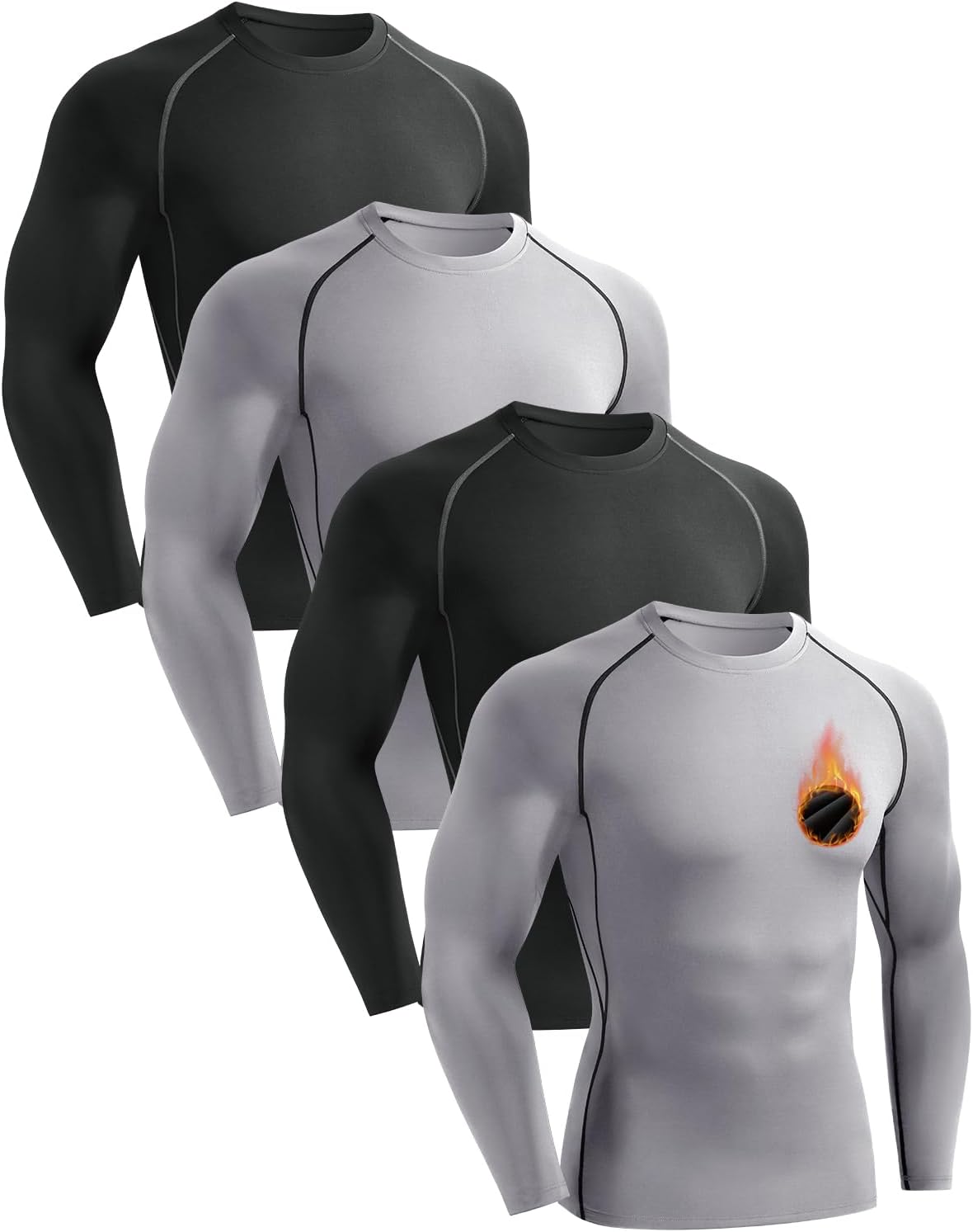 Detalle de Celfaeree 4-Pack Fleece-Lined Men's Compression Shirts, Long-Sleeve Thermal Base Layers