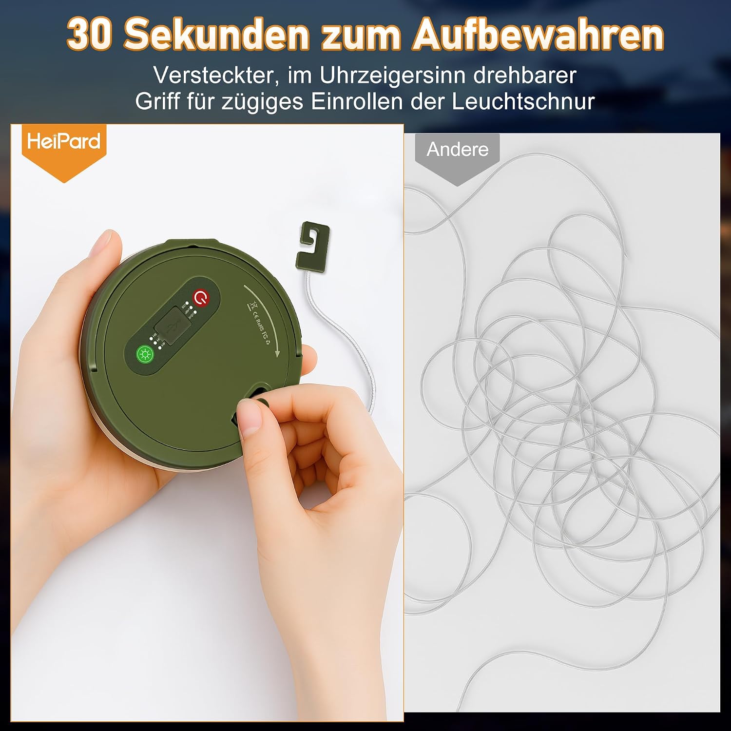 Thumbnail 1 de HeiPard Camping Lichterkette Aufrollbar 10 m – 3-in-1 Campinglampe mit Powerbank, 8 Beleuchtungsmodi und IP44