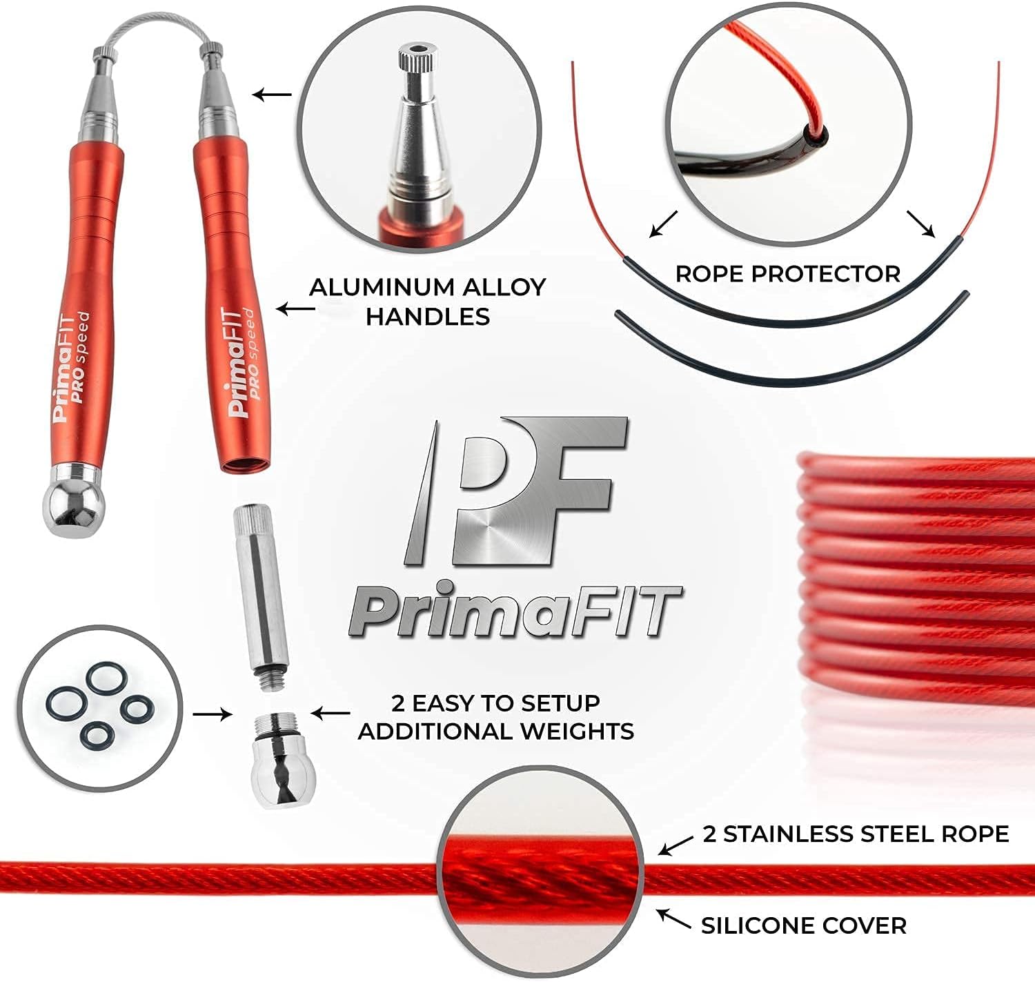 Thumbnail 3 de PrimaFIT Fitness Pro Springseil für Erwachsene, 3 m, verstellbar mit Gewichten, 2 Kugellagern und Anti-Rutsch-Griffen